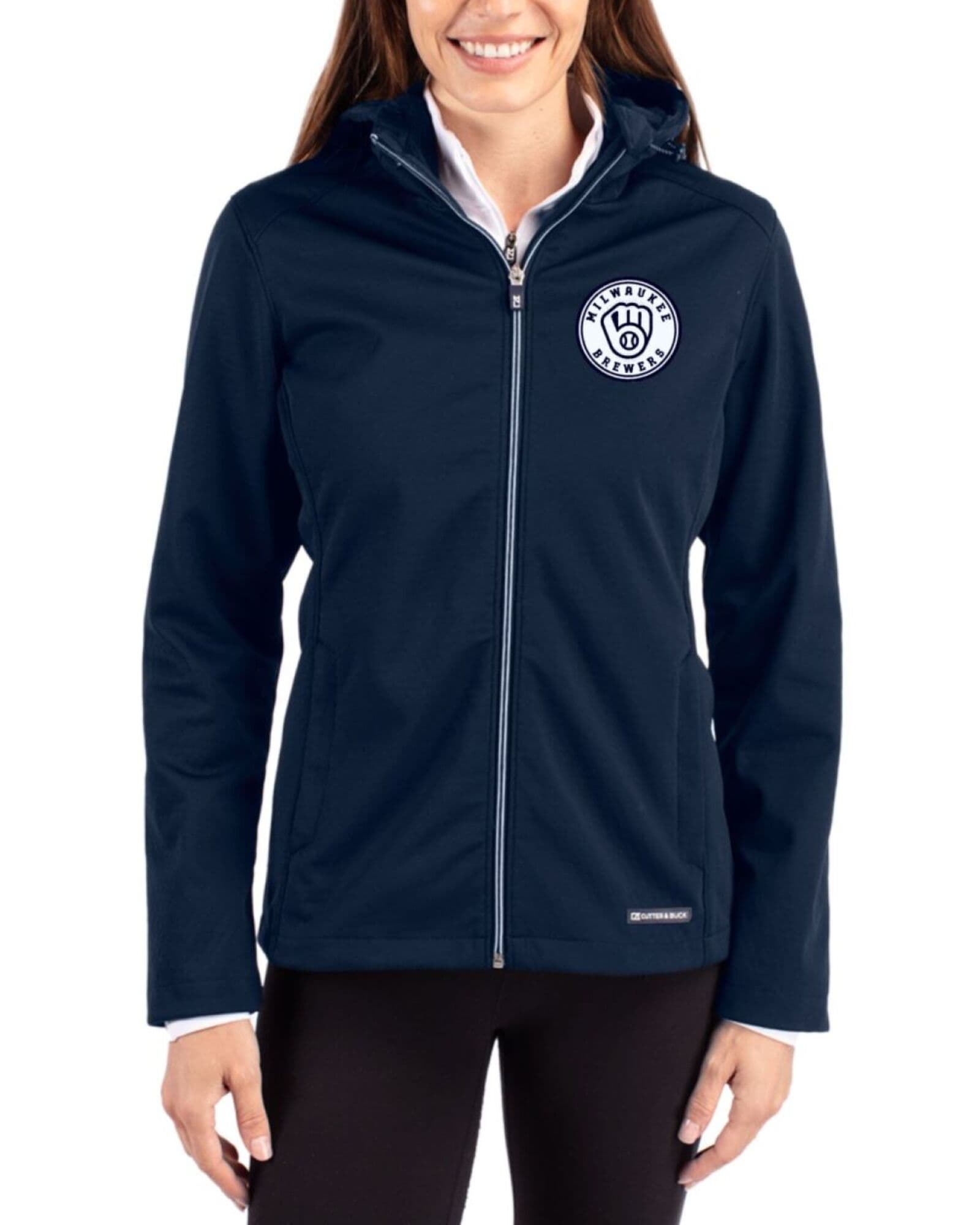 Women's Milwaukee Brewers Cutter & Buck Mono Navy Blue Evoke Honeycomb Fleece Full Zip Jacket