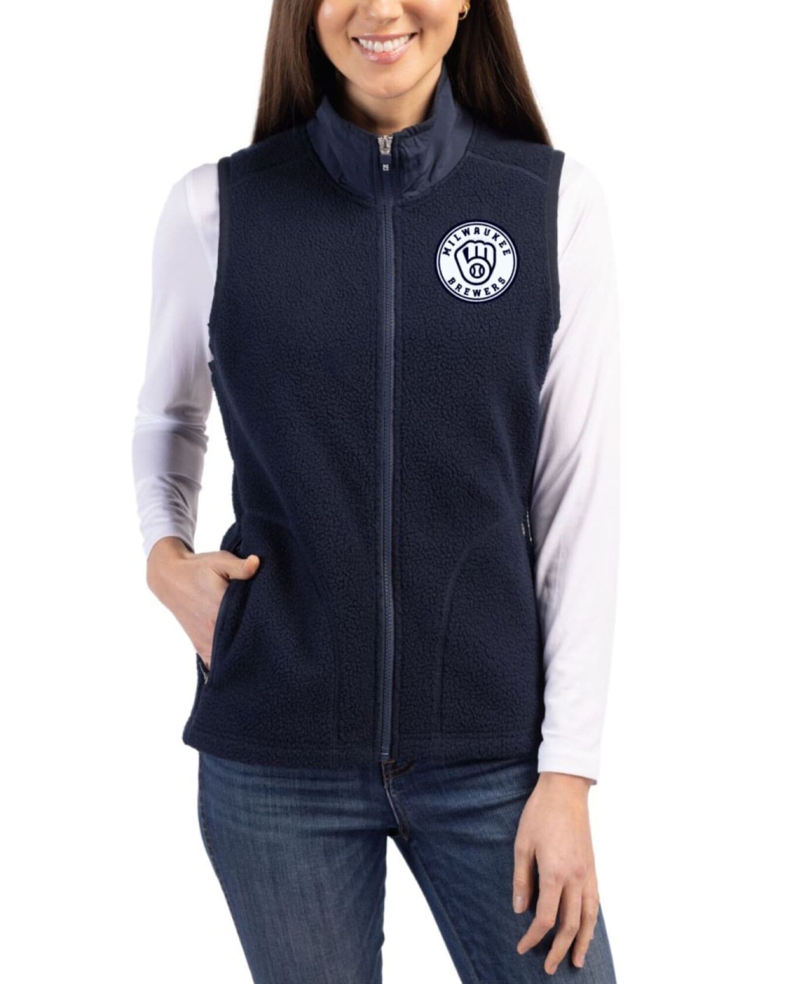 Women's Milwaukee Brewers Cutter & Buck Mono Navy Blue Cascade Epic Comfort Sherpa Fleece Full Zip Vest