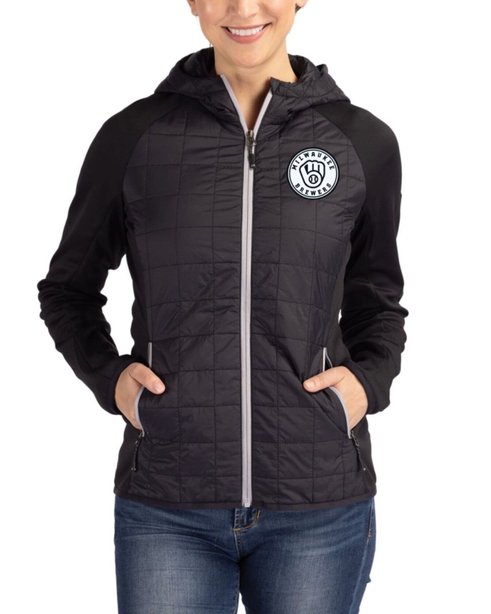 Women's Milwaukee Brewers Cutter & Buck Mono Black Rainier Insulated Hybrid Puffer Full Zip Jacket