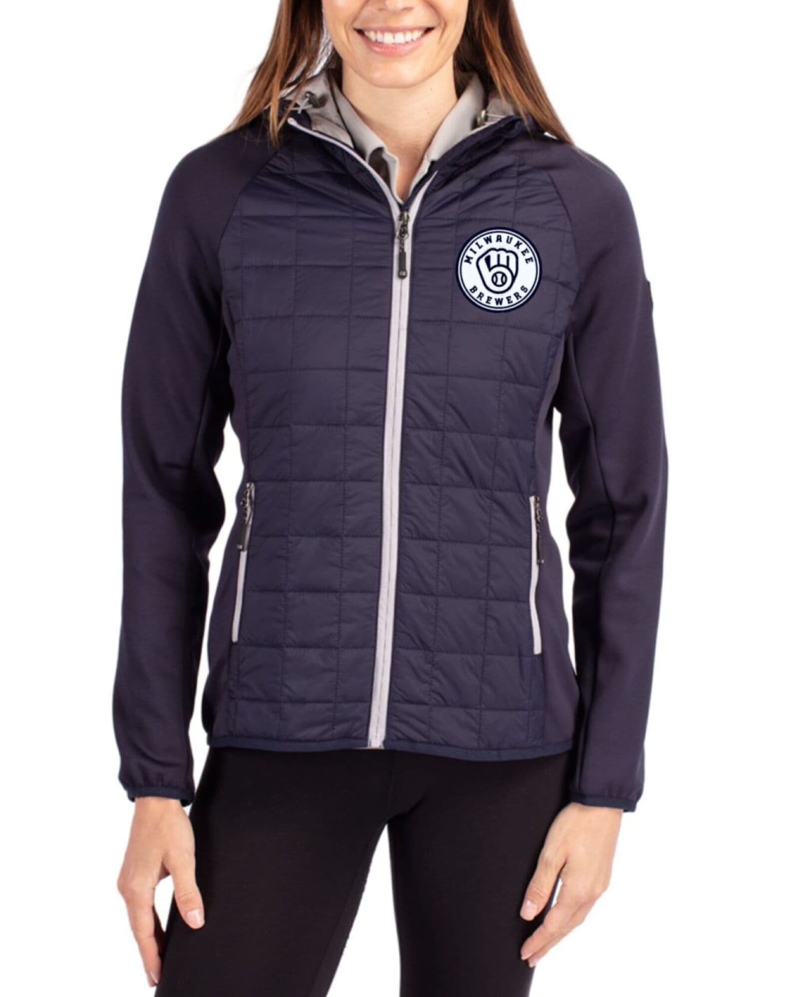 Women's Milwaukee Brewers Cutter & Buck Mono Dark Navy Rainier Insulated Hybrid Puffer Full Zip Jacket