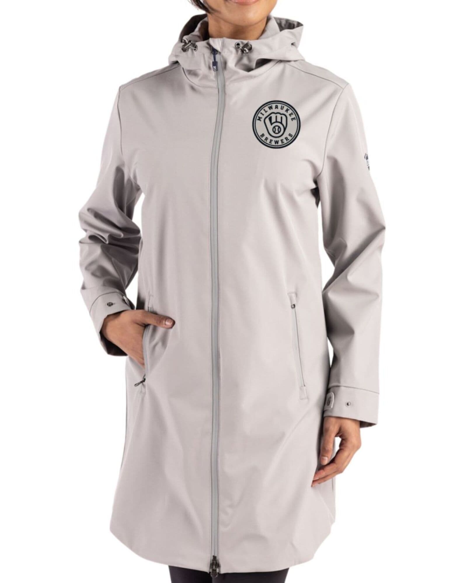 Women's Milwaukee Brewers Cutter & Buck Mono Polished Camano Everyday Stretch Water Resistant Full Zip Jacket