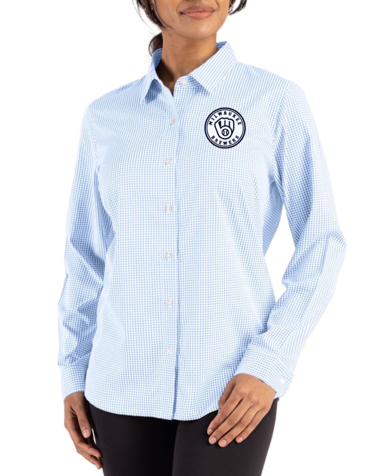 Women's Milwaukee Brewers Cutter & Buck Mono Atlas/White Skyline Gingham Long Sleeve Spread Collar Dress Shirt