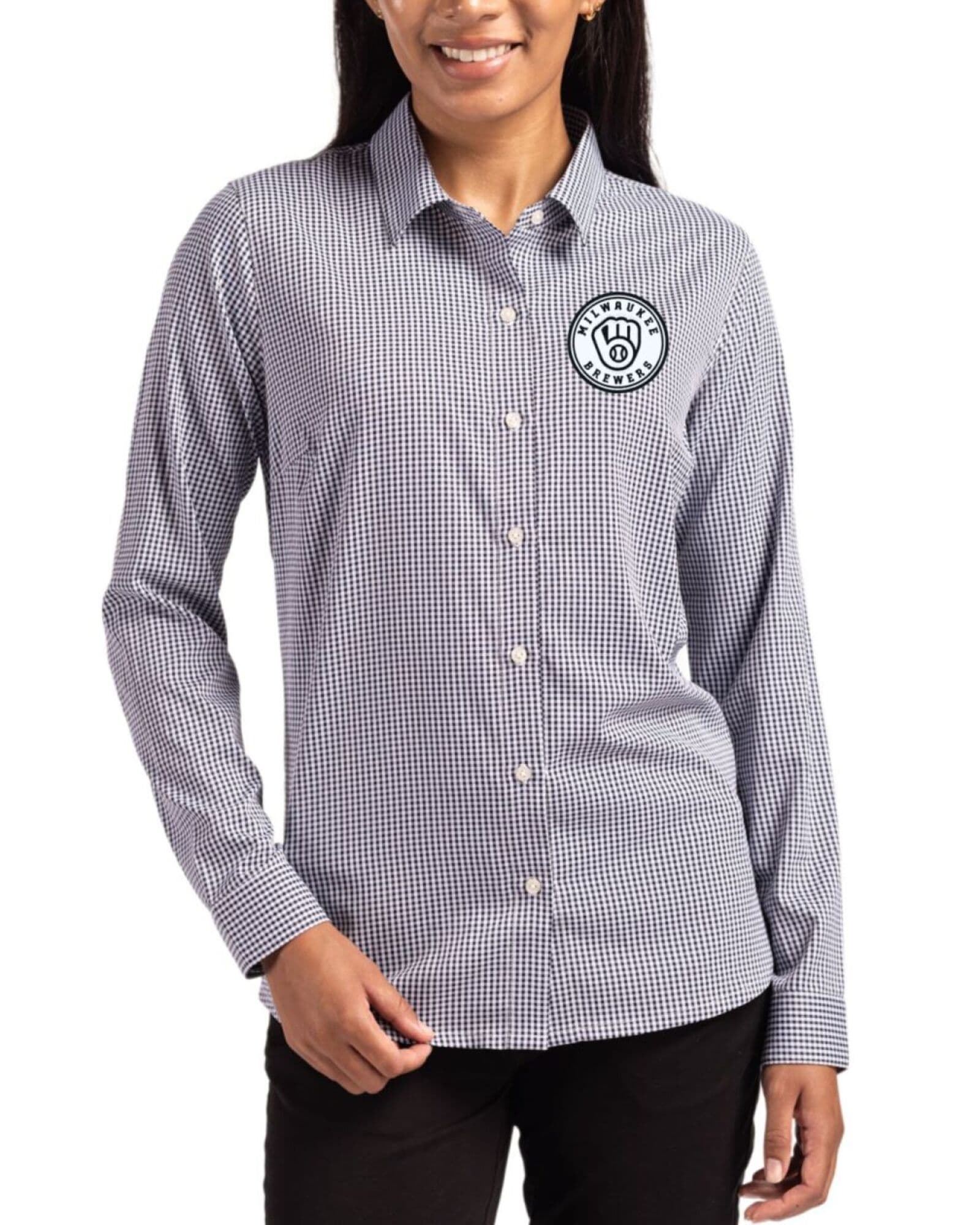 Women's Milwaukee Brewers Cutter & Buck Mono Black/White Skyline Gingham Long Sleeve Spread Collar Dress Shirt