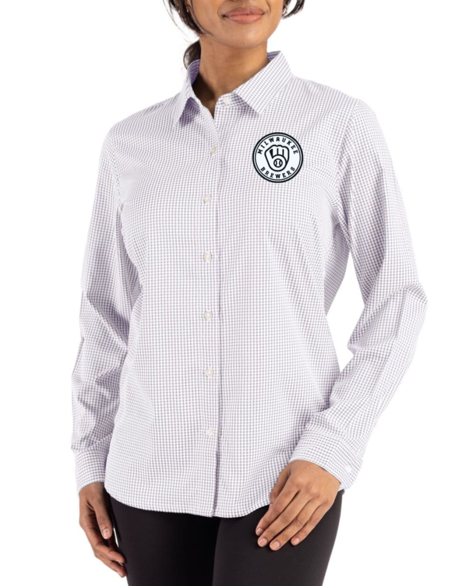 Women's Milwaukee Brewers Cutter & Buck Mono Concrete/White Skyline Gingham Long Sleeve Spread Collar Dress Shirt