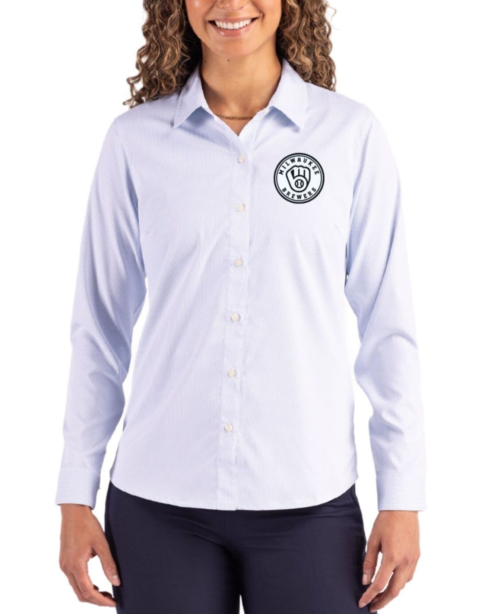 Women's Milwaukee Brewers Cutter & Buck Mono Pale Blue/White Skyline Pinstripe Long Sleeve Spread Collar Dress Shirt