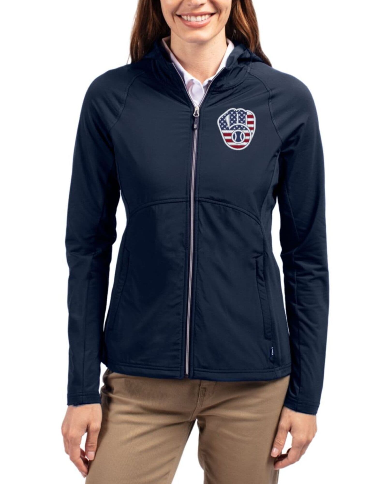 Women's Milwaukee Brewers Cutter & Buck Stars And Stripes Navy Blue Adapt Soft Knit Stretch Hybrid Full Zip Jacket