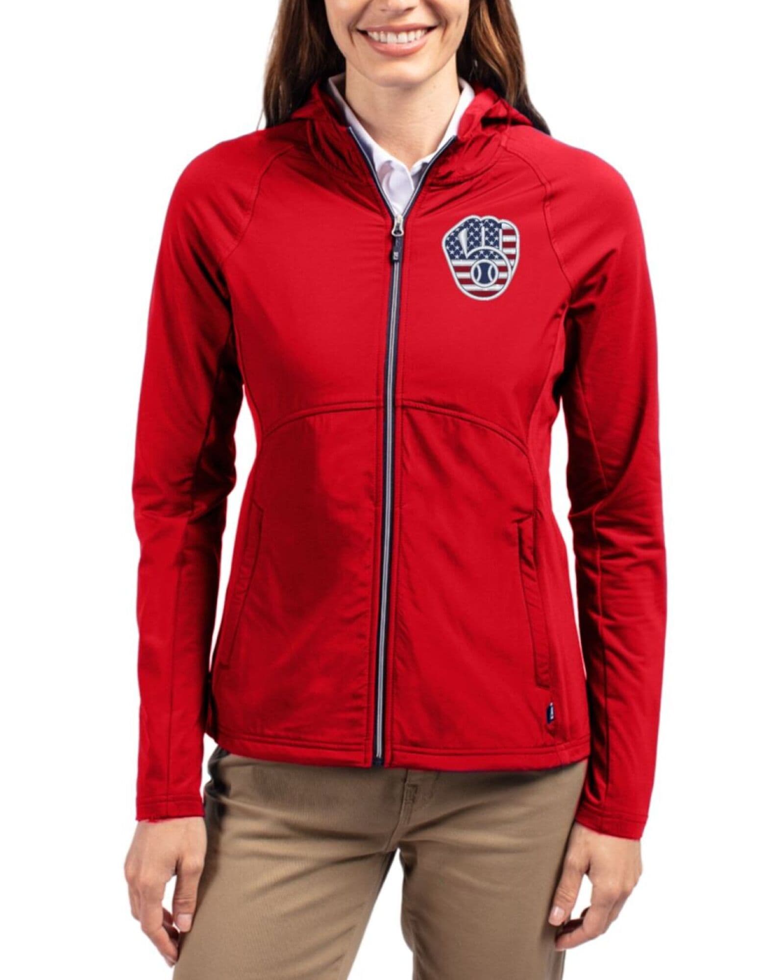 Women's Milwaukee Brewers Cutter & Buck Stars And Stripes Red Adapt Soft Knit Stretch Hybrid Full Zip Jacket