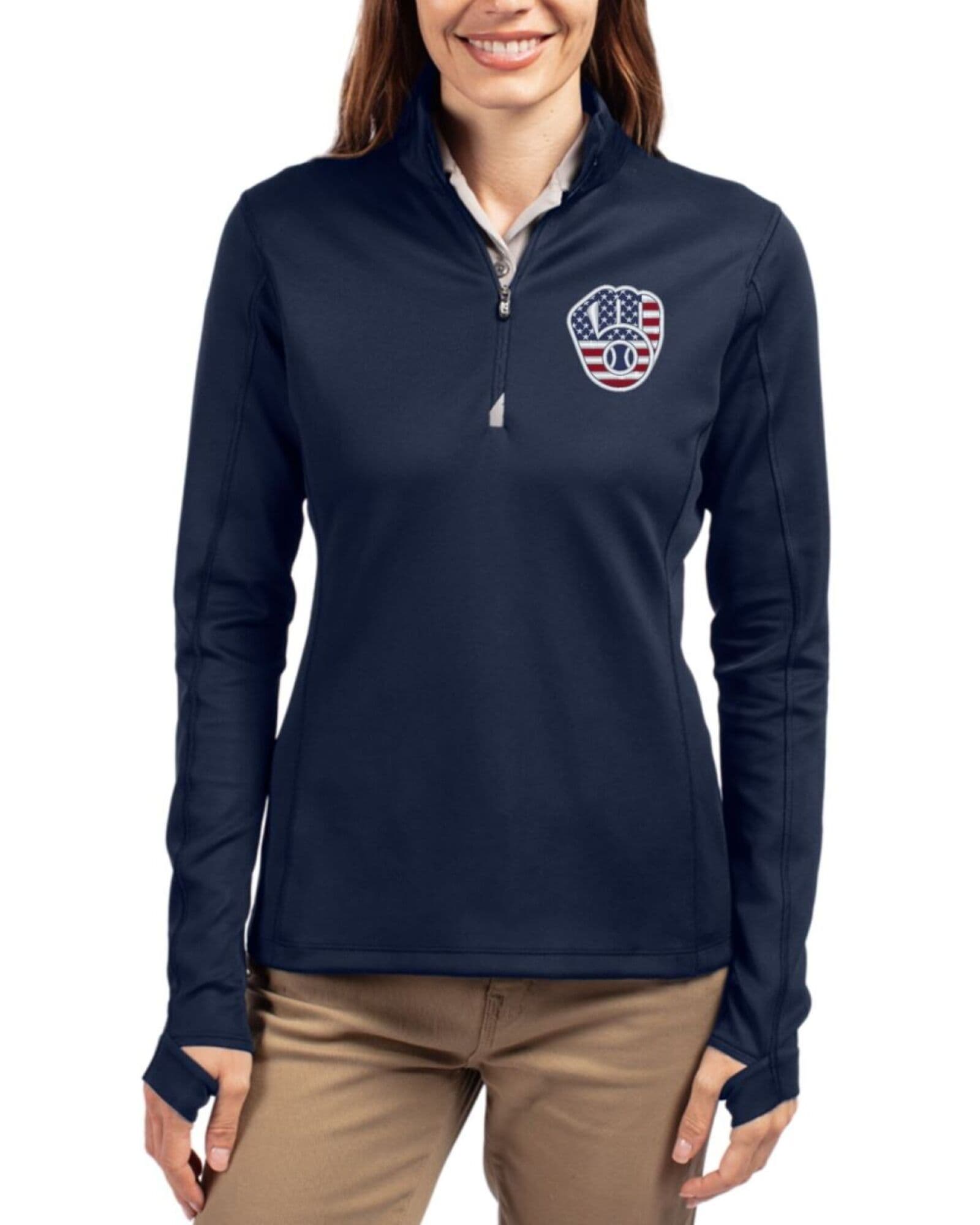 Women's Milwaukee Brewers Cutter & Buck Stars And Stripes Liberty Navy Traverse Smooth Stretch Quarter Zip Pullover