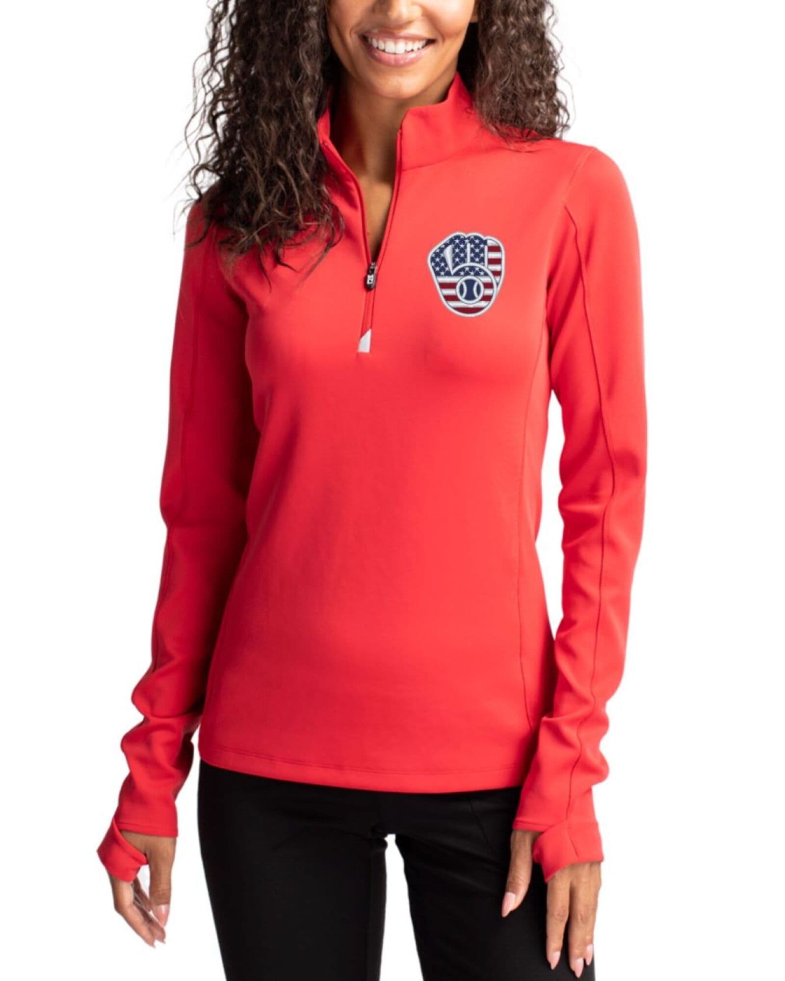 Women's Milwaukee Brewers Cutter & Buck Stars And Stripes Red Traverse Smooth Stretch Quarter Zip Pullover