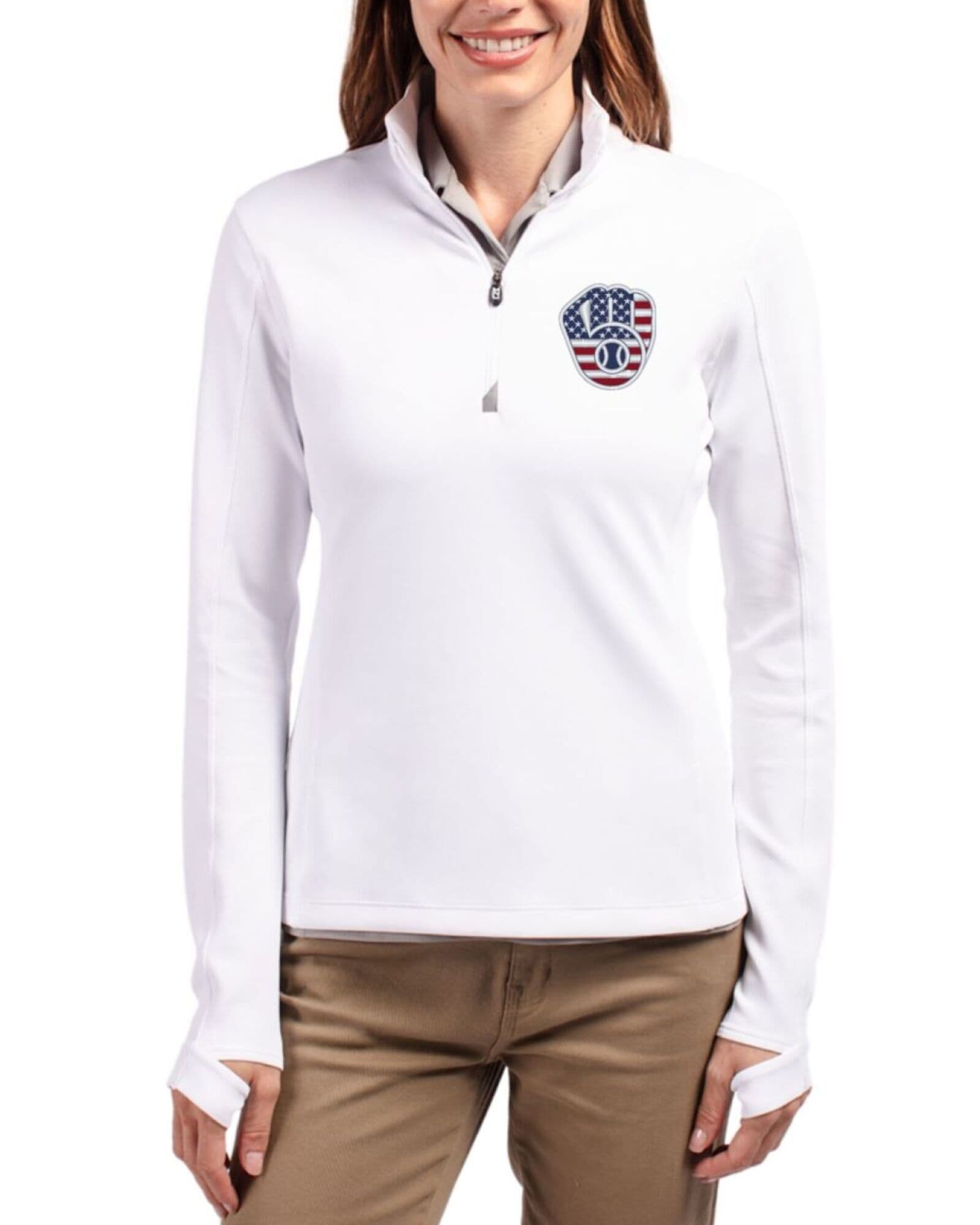 Women's Milwaukee Brewers Cutter & Buck Stars And Stripes White Traverse Smooth Stretch Quarter Zip Pullover