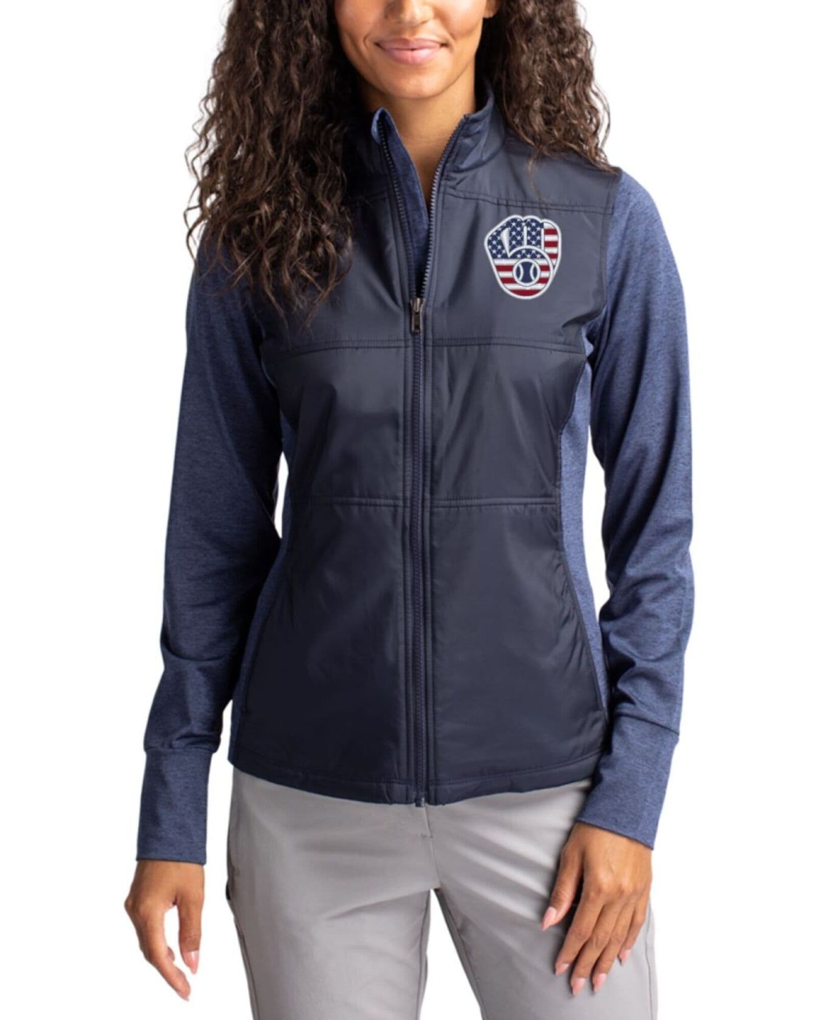 Women's Milwaukee Brewers Cutter & Buck Stars And Stripes Liberty Navy Stealth Hybrid Quilted Windbreaker Jacket