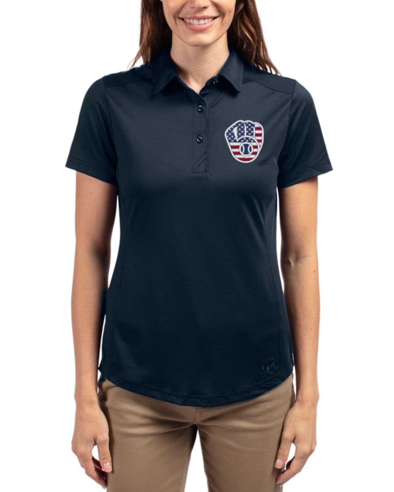 Women's Milwaukee Brewers Cutter & Buck Stars And Stripes Navy Blue Prospect Featherlight Stretch Polo