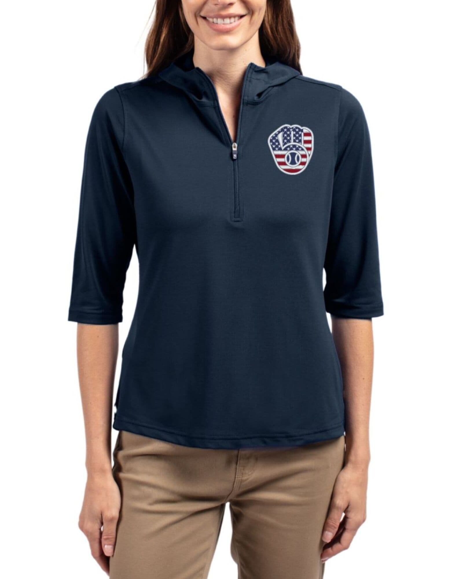 Women's Milwaukee Brewers Cutter & Buck Stars And Stripes Navy Blue Virtue Featherlight Pique Half Zip Hooded Pullover