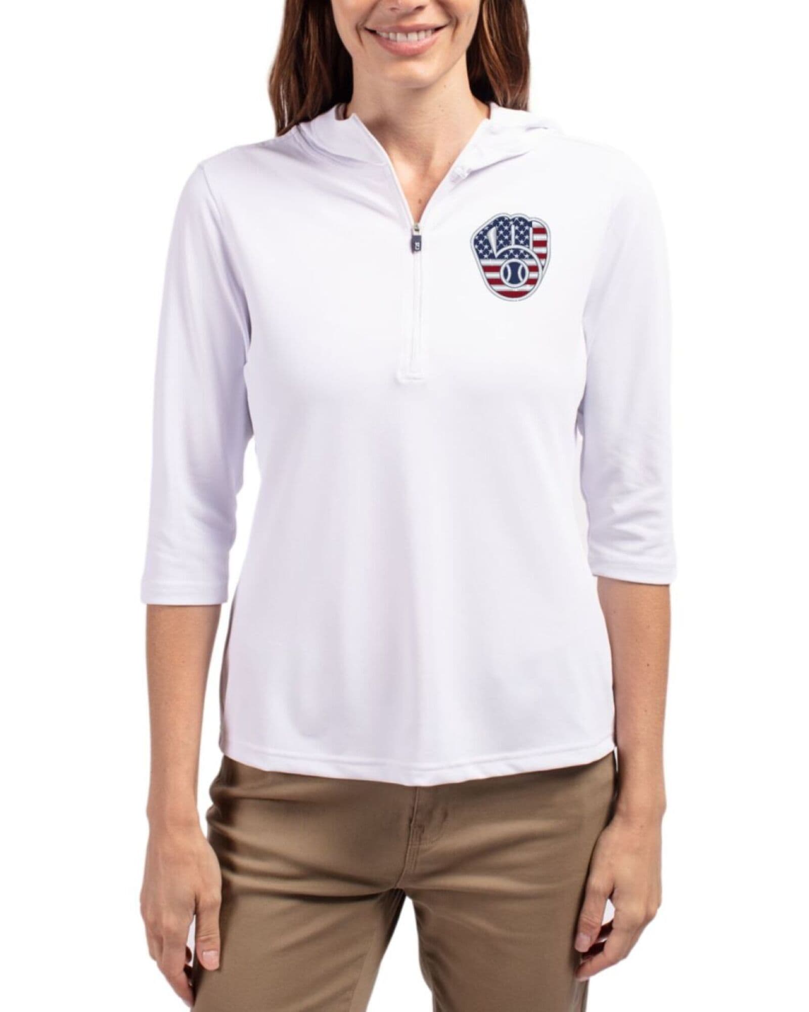 Women's Milwaukee Brewers Cutter & Buck Stars And Stripes White Virtue Featherlight Pique Half Zip Hooded Pullover