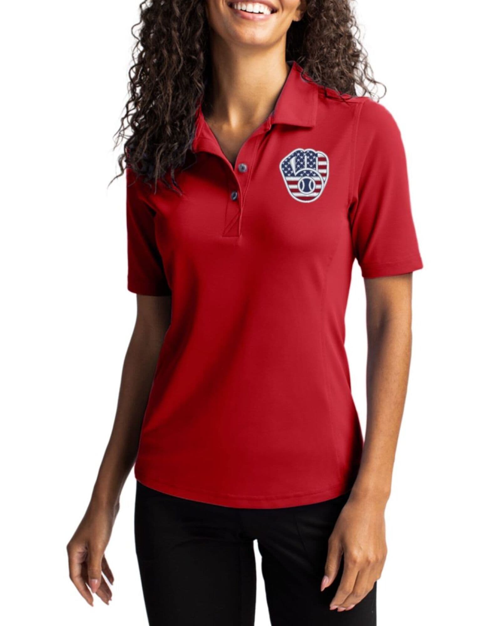 Women's Milwaukee Brewers Cutter & Buck Stars And Stripes Cardinal Red Virtue Featherlight Pique Polo