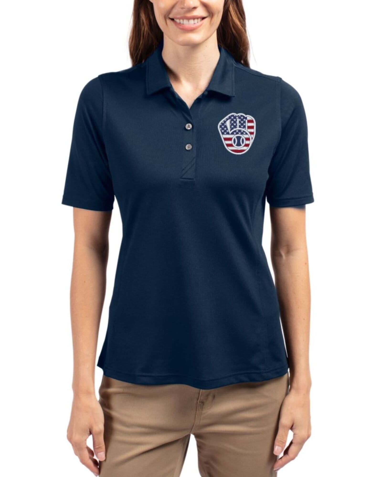 Women's Milwaukee Brewers Cutter & Buck Stars And Stripes Navy Blue Virtue Featherlight Pique Polo