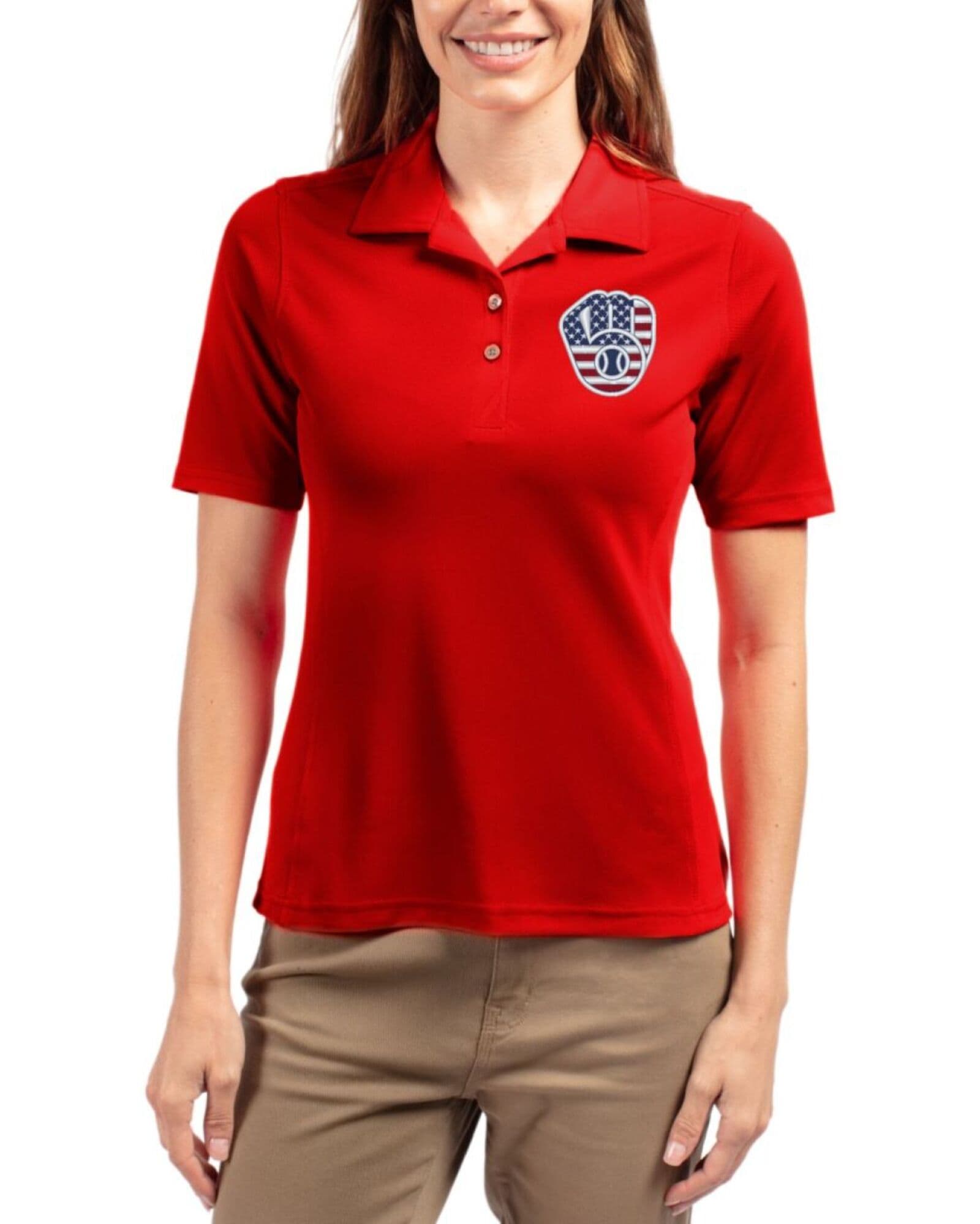 Women's Milwaukee Brewers Cutter & Buck Stars And Stripes Red Virtue Featherlight Pique Polo