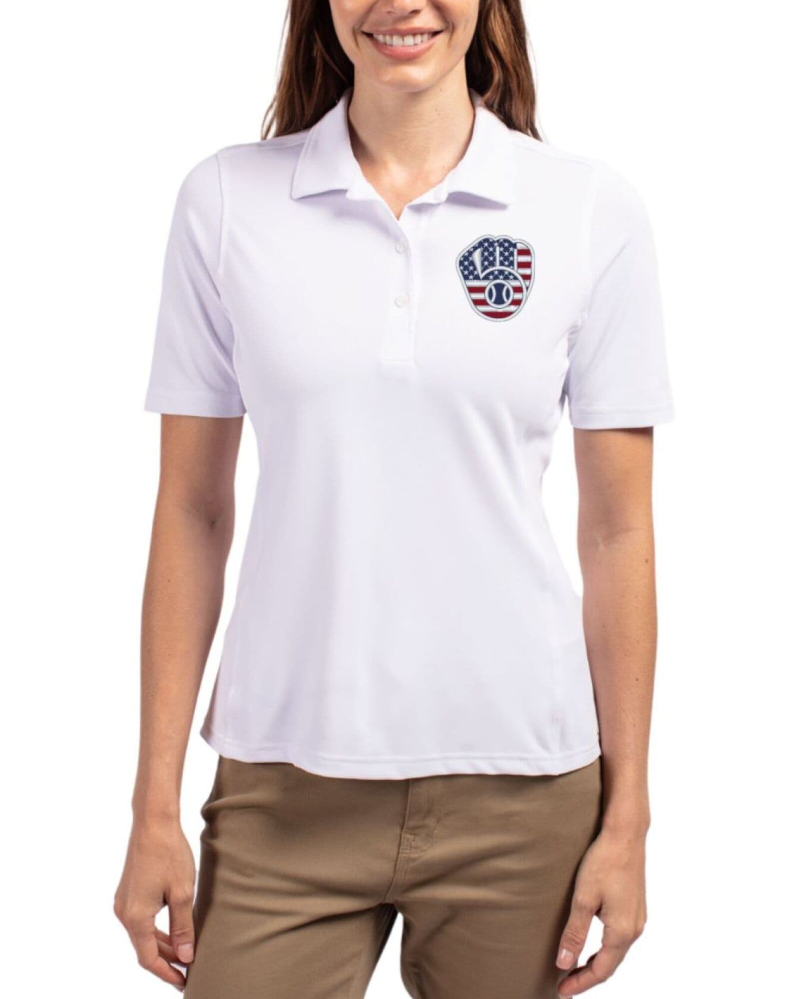 Women's Milwaukee Brewers Cutter & Buck Stars And Stripes White Virtue Featherlight Pique Polo