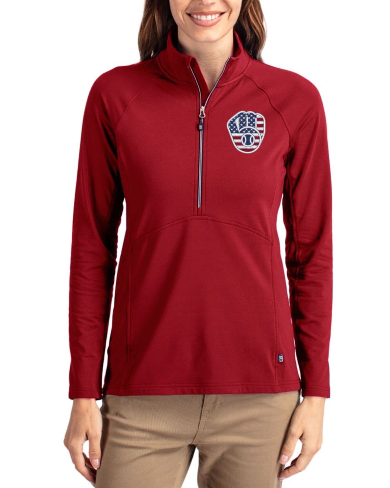 Women's Milwaukee Brewers Cutter & Buck Stars And Stripes Cardinal Red Adapt Soft Knit Stretch Half Zip Pullover