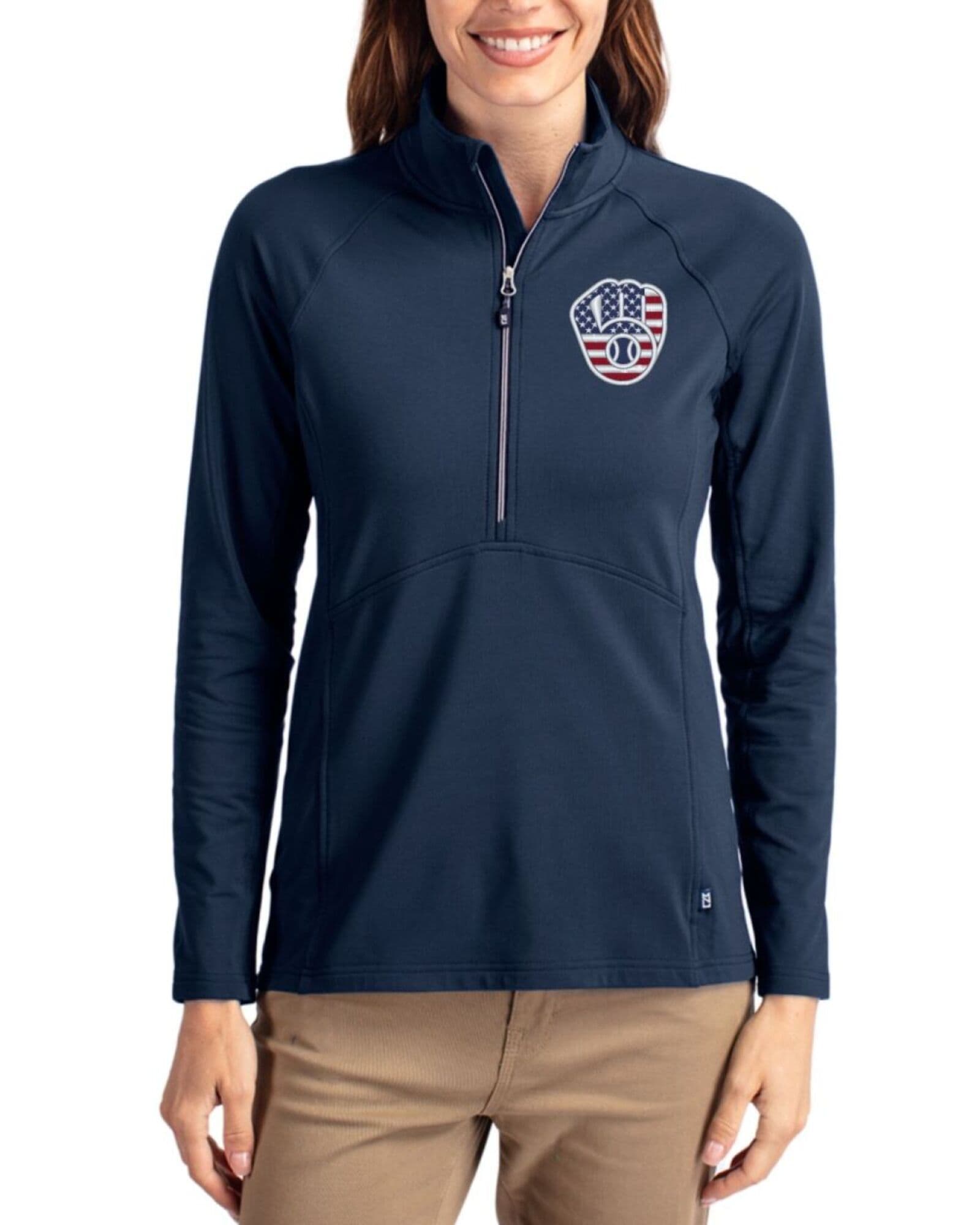 Women's Milwaukee Brewers Cutter & Buck Stars And Stripes Navy Blue Adapt Soft Knit Stretch Half Zip Pullover