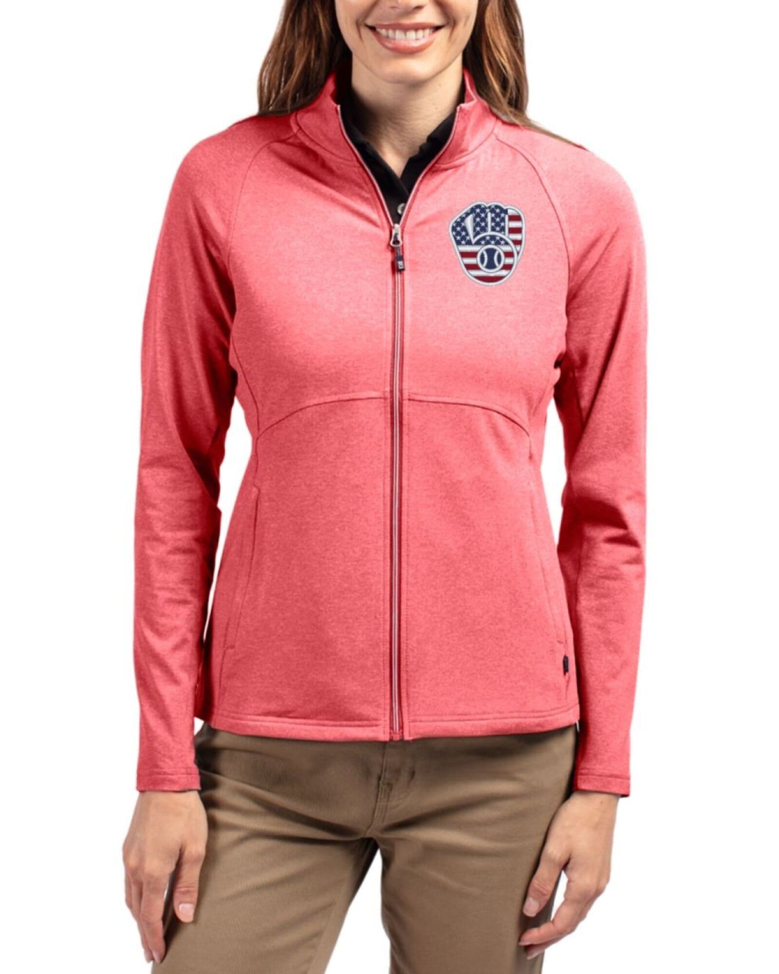 Women's Milwaukee Brewers Cutter & Buck Stars And Stripes Cardinal Red Heather Adapt Soft Knit Stretch Heathered Full Zip Jacket