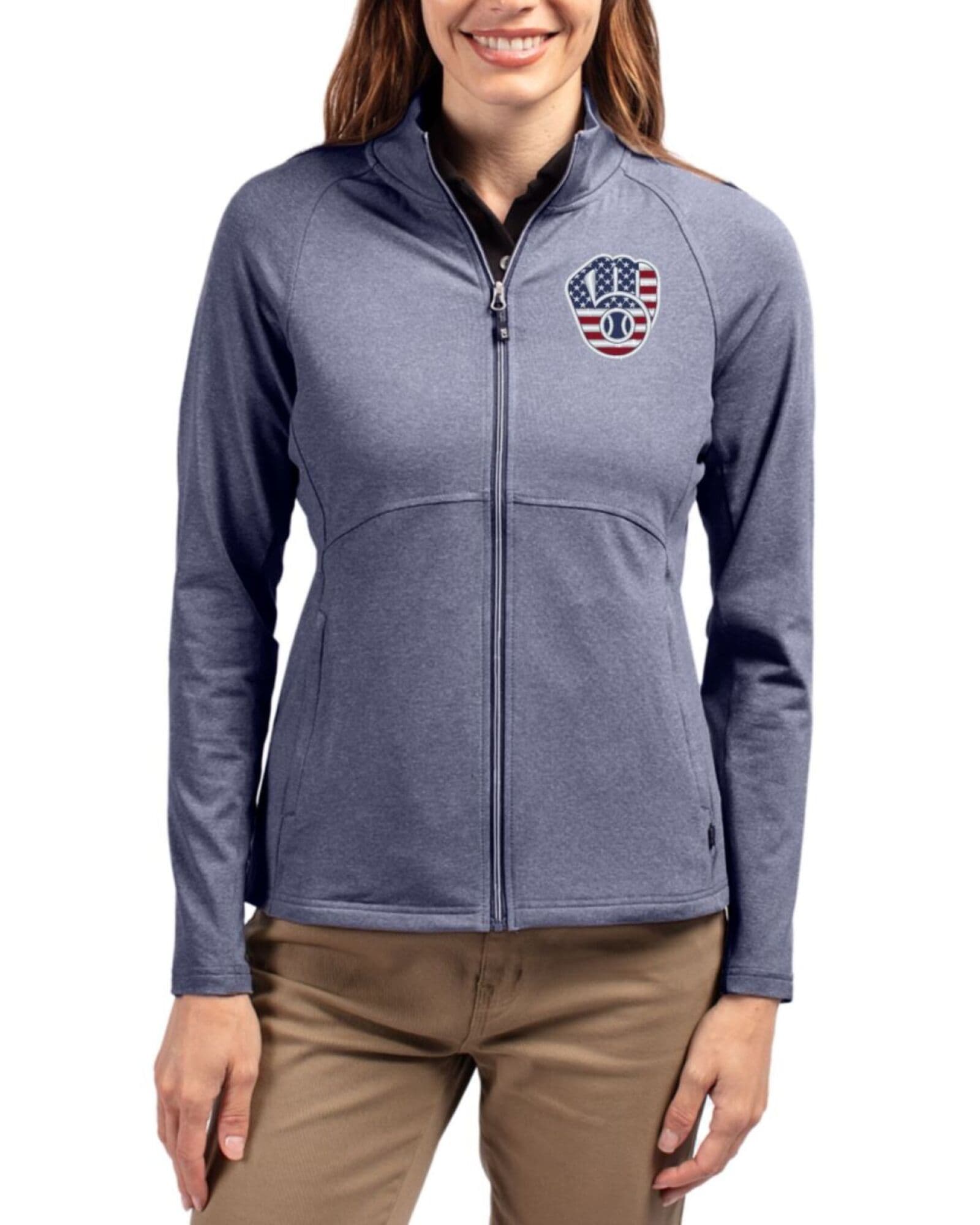 Women's Milwaukee Brewers Cutter & Buck Stars And Stripes Navy Blue Heather Adapt Soft Knit Stretch Heathered Full Zip Jacket