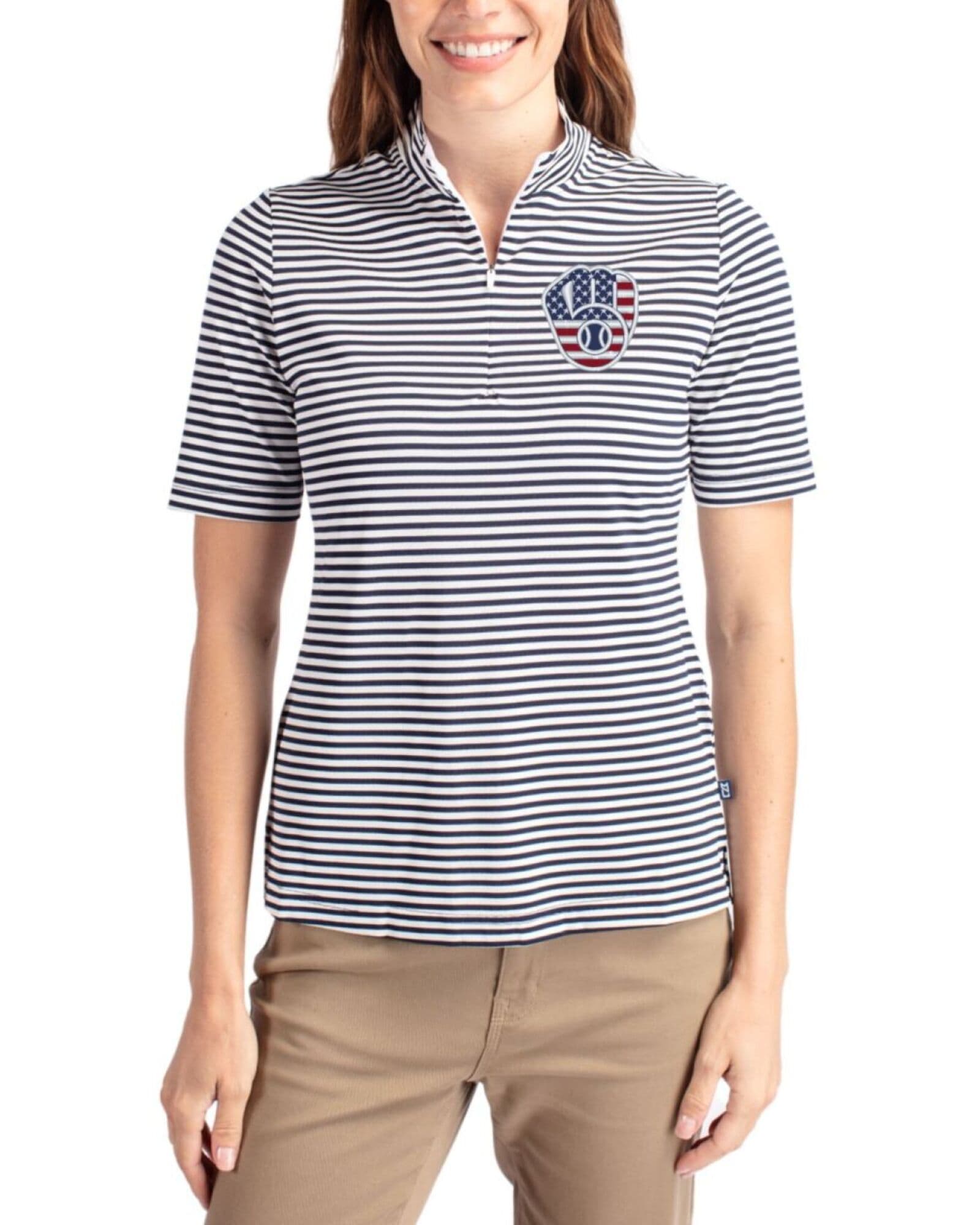 Women's Milwaukee Brewers Cutter & Buck Stars And Stripes Navy Blue Virtue Stripe Featherlight Pique Half Zip