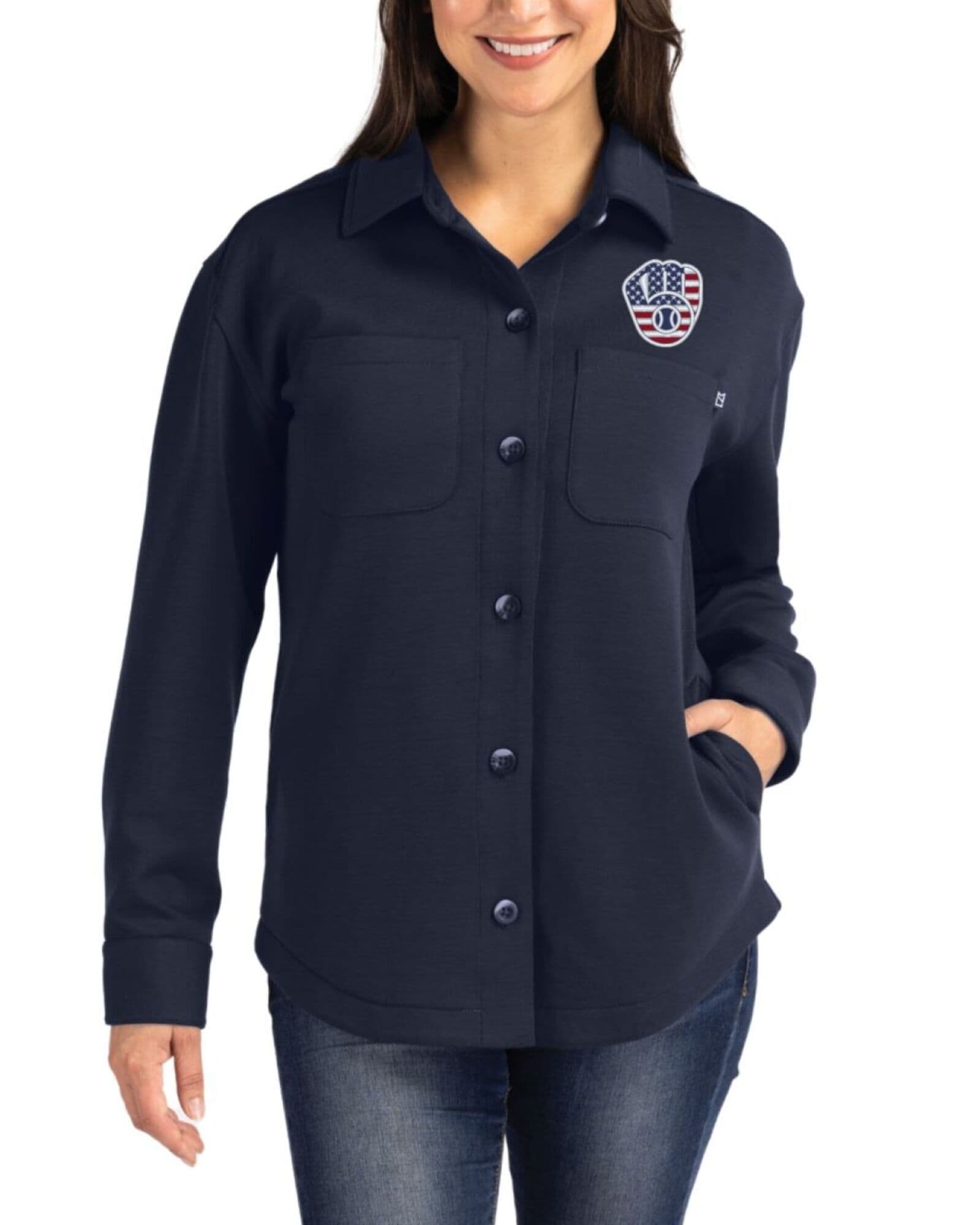 Women's Milwaukee Brewers Cutter & Buck Stars And Stripes Navy Blue Roam Buttery-Soft Knit Button Down Shirt Jacket