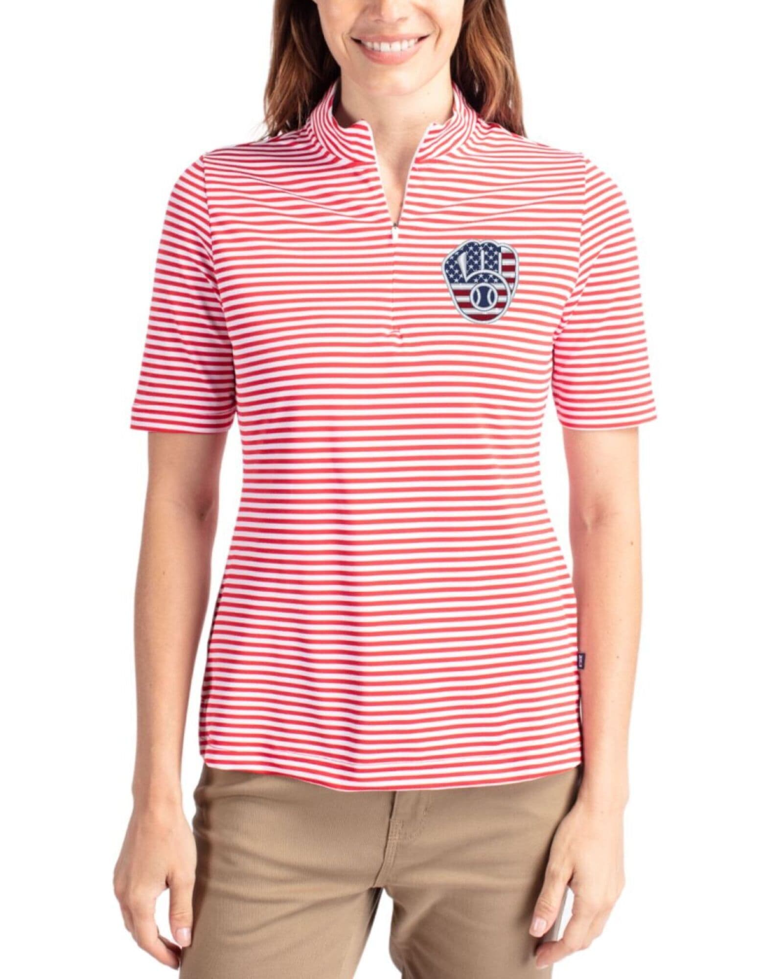 Women's Milwaukee Brewers Cutter & Buck Stars And Stripes Red Virtue Stripe Featherlight Pique Half Zip