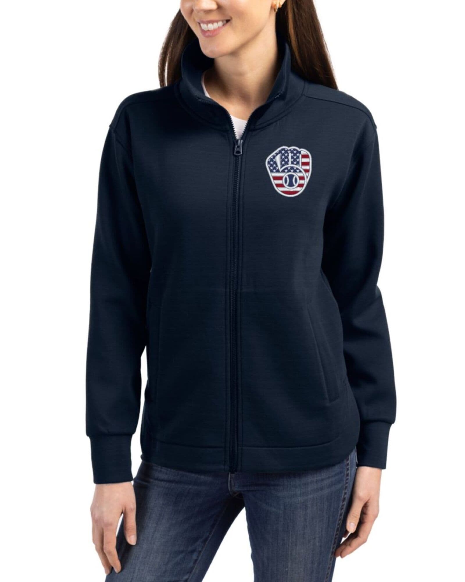 Women's Milwaukee Brewers Cutter & Buck Stars And Stripes Navy Blue Roam Buttery-Soft Knit Full Zip Jacket