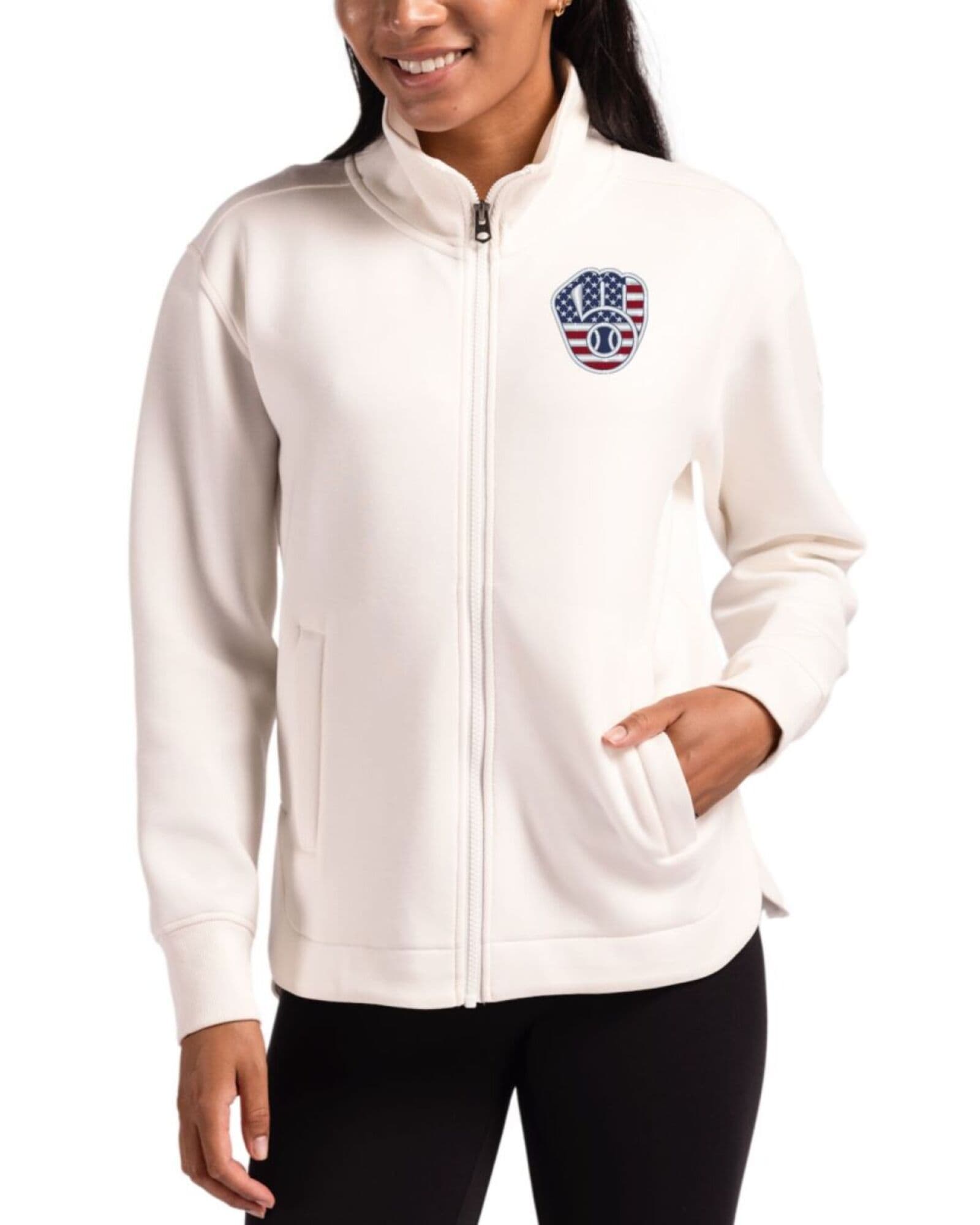 Women's Milwaukee Brewers Cutter & Buck Stars And Stripes Shell Roam Buttery-Soft Knit Full Zip Jacket
