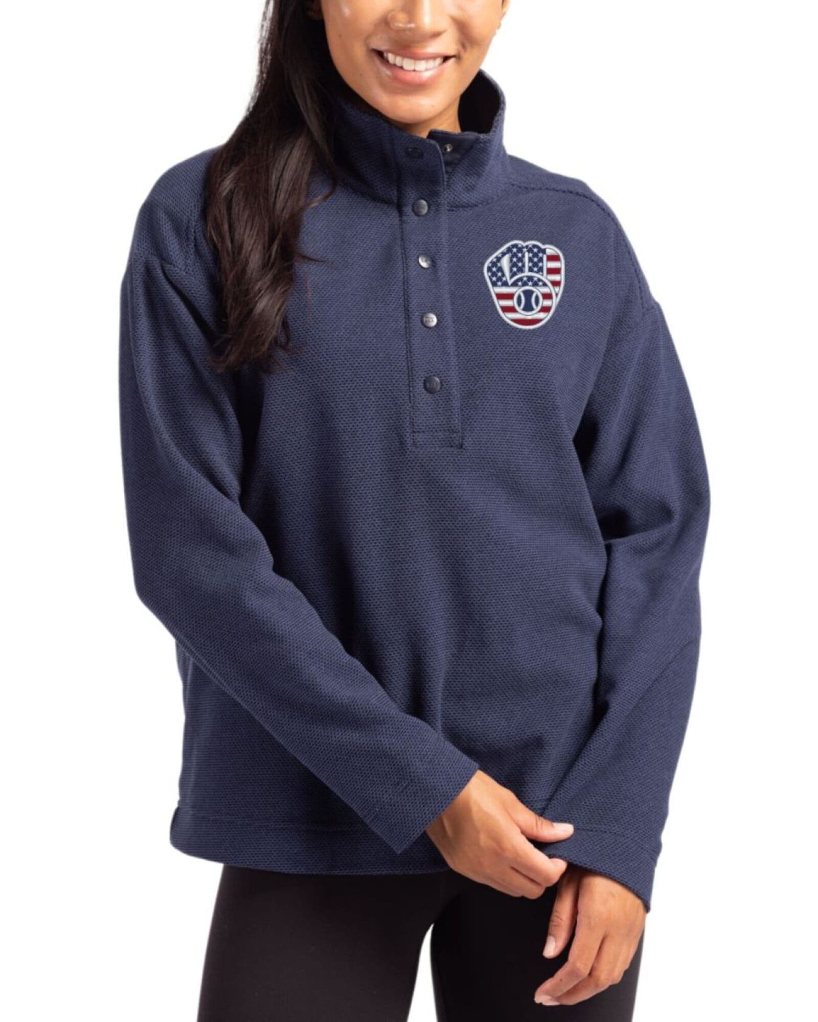 Women's Milwaukee Brewers Cutter & Buck Stars And Stripes Navy Blue Hunts Point Fleece Hybrid Snap Placket Pullover