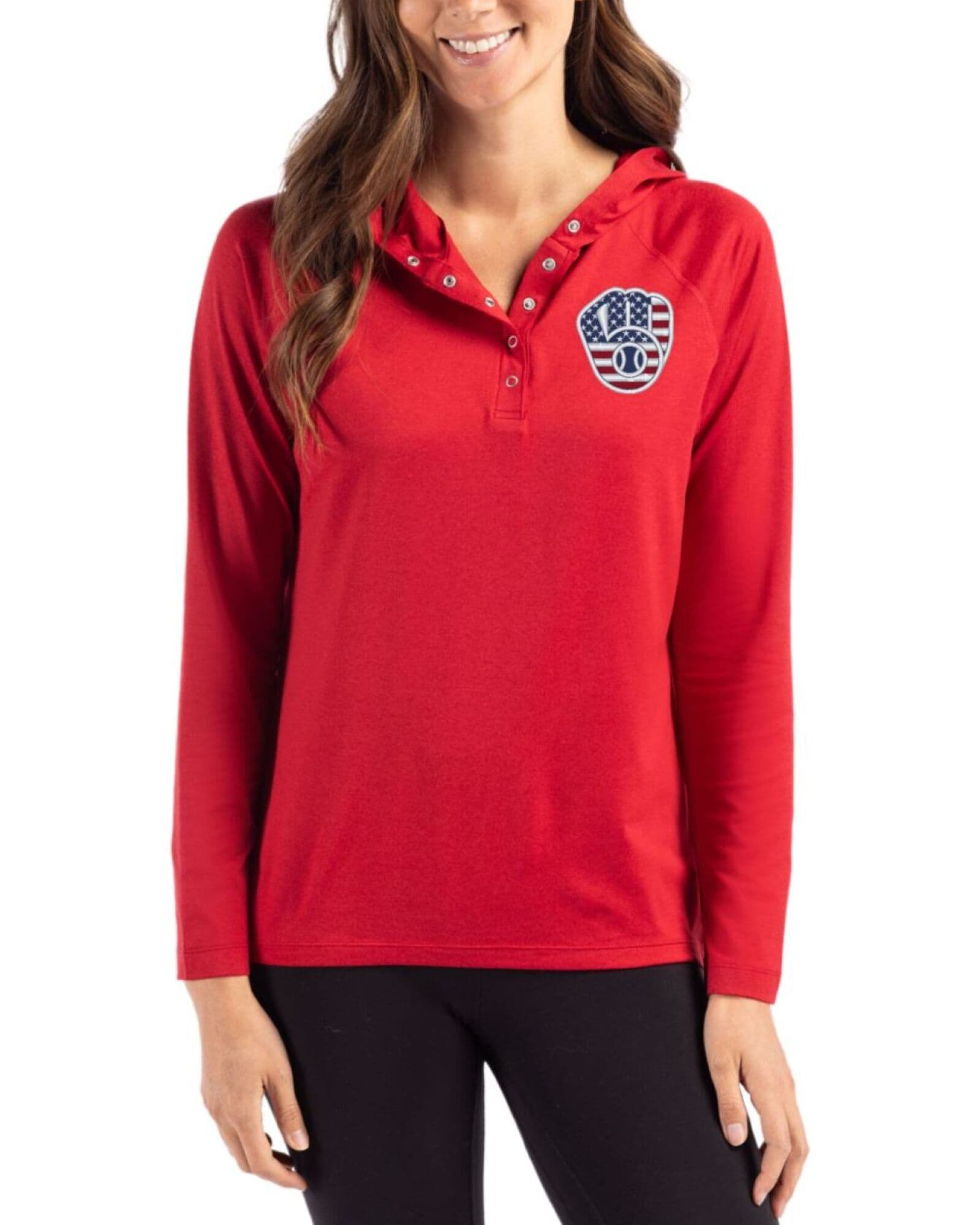 Women's Milwaukee Brewers Cutter & Buck Stars And Stripes Cardinal Red Coastline Double Peached Hooded Pullover