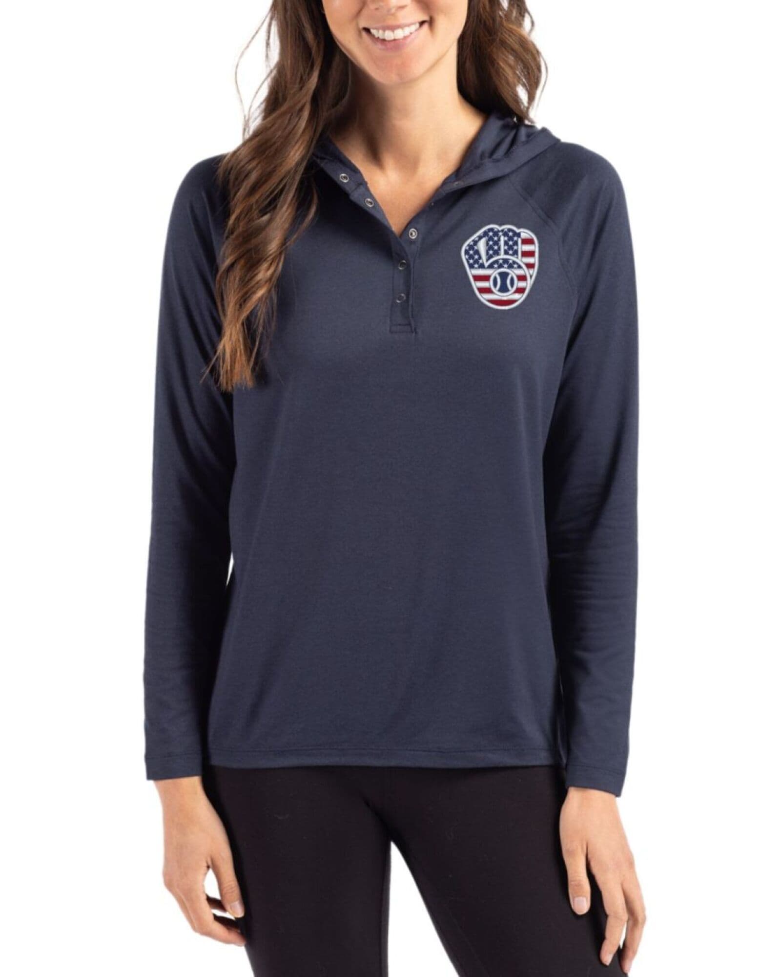 Women's Milwaukee Brewers Cutter & Buck Stars And Stripes Navy Blue Coastline Double Peached Hooded Pullover