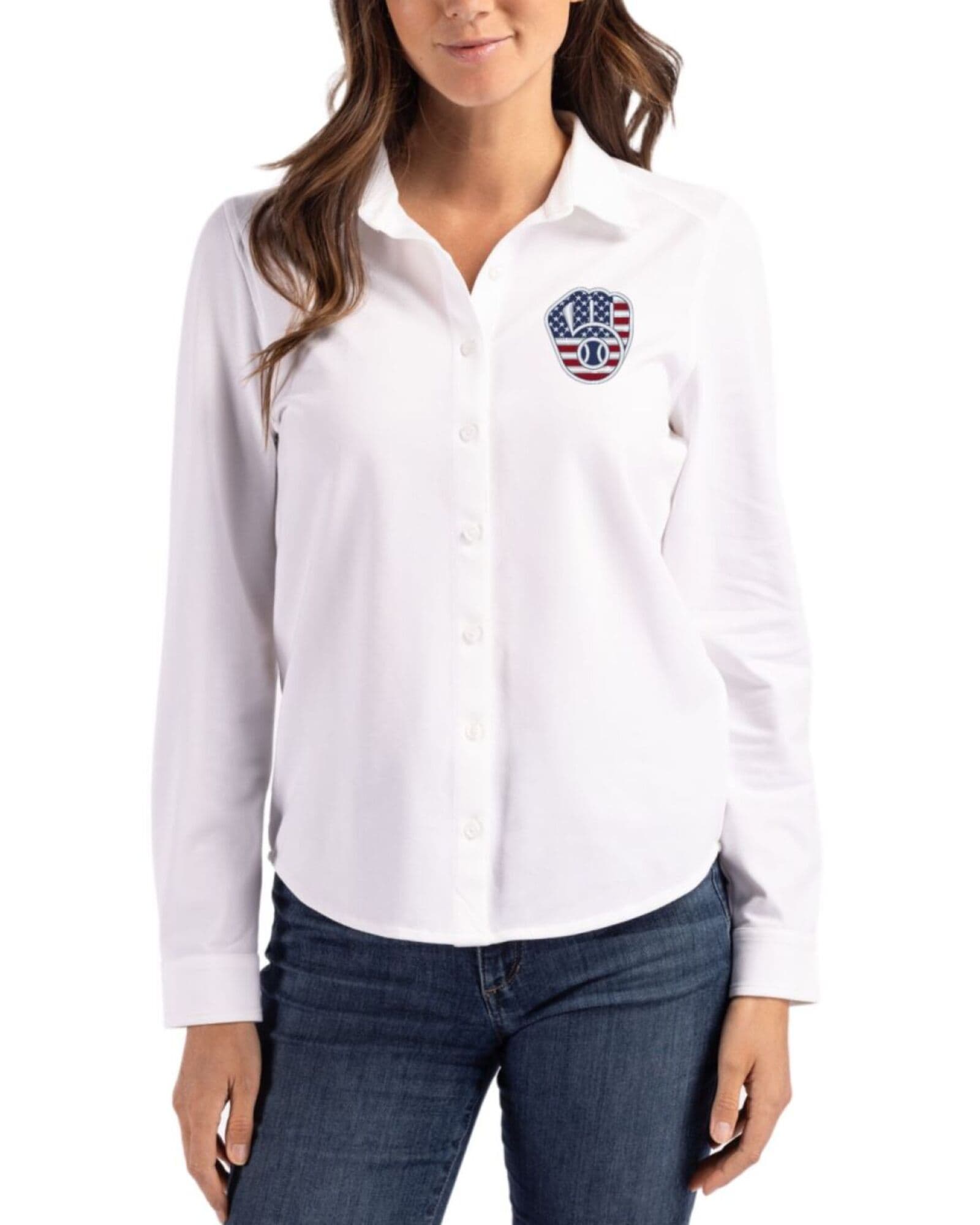 Women's Milwaukee Brewers Cutter & Buck Stars And Stripes White Advantage Cotton-Blend Pique Long Sleeve Button Down Shirt