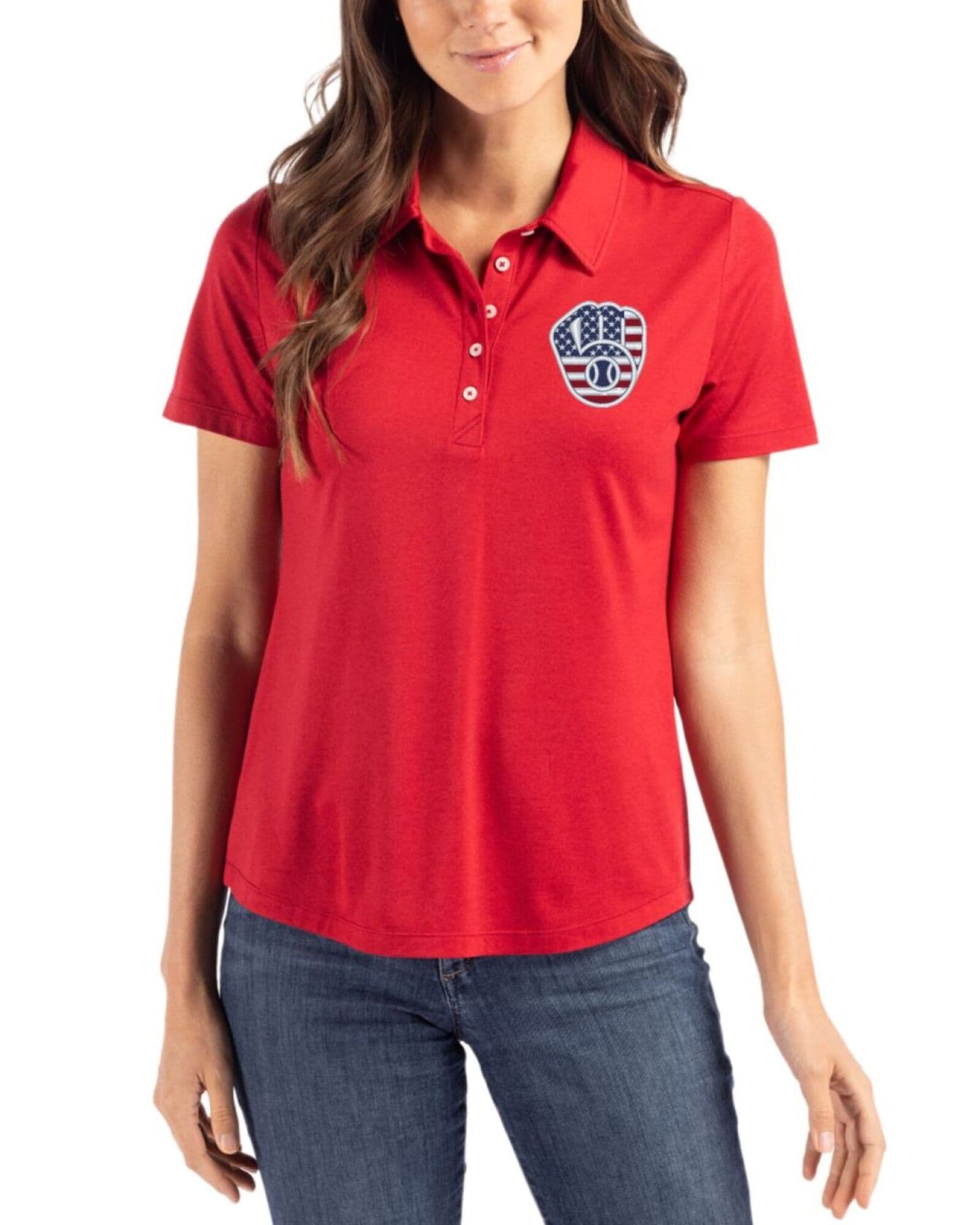 Women's Milwaukee Brewers Cutter & Buck Stars And Stripes Cardinal Red Coastline Double Peached Polo