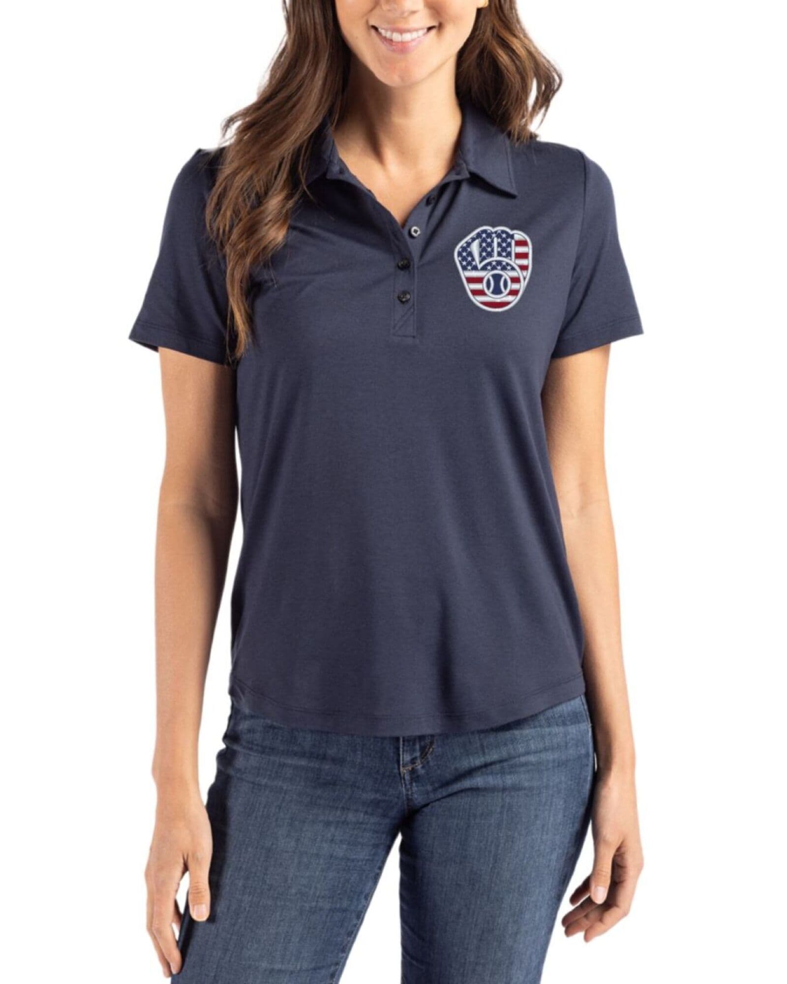 Women's Milwaukee Brewers Cutter & Buck Stars And Stripes Navy Blue Coastline Double Peached Polo
