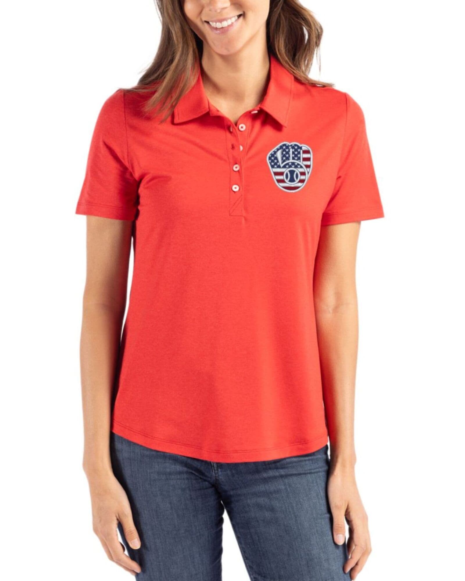 Women's Milwaukee Brewers Cutter & Buck Stars And Stripes Red Coastline Double Peached Polo