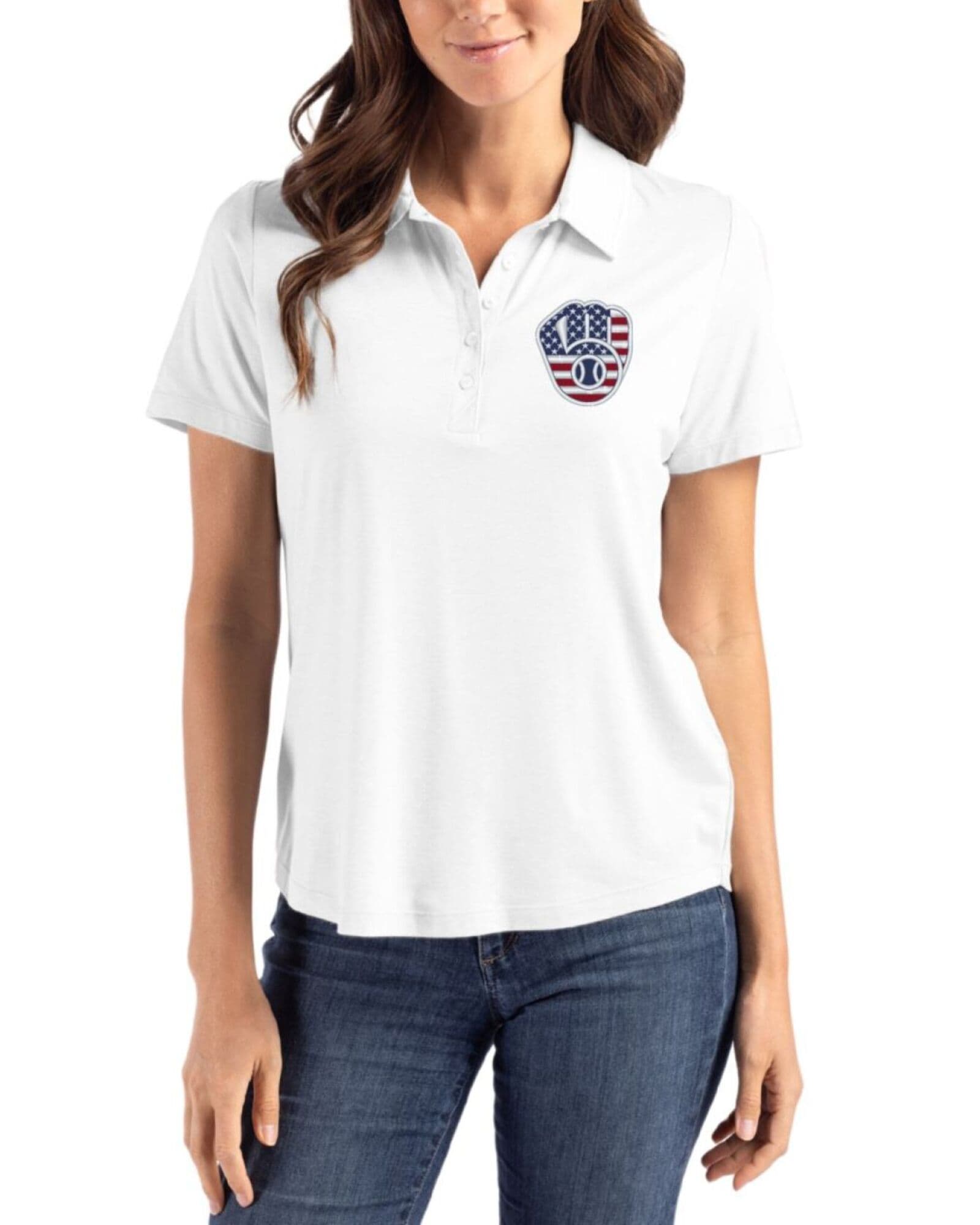 Women's Milwaukee Brewers Cutter & Buck Stars And Stripes White Coastline Double Peached Polo