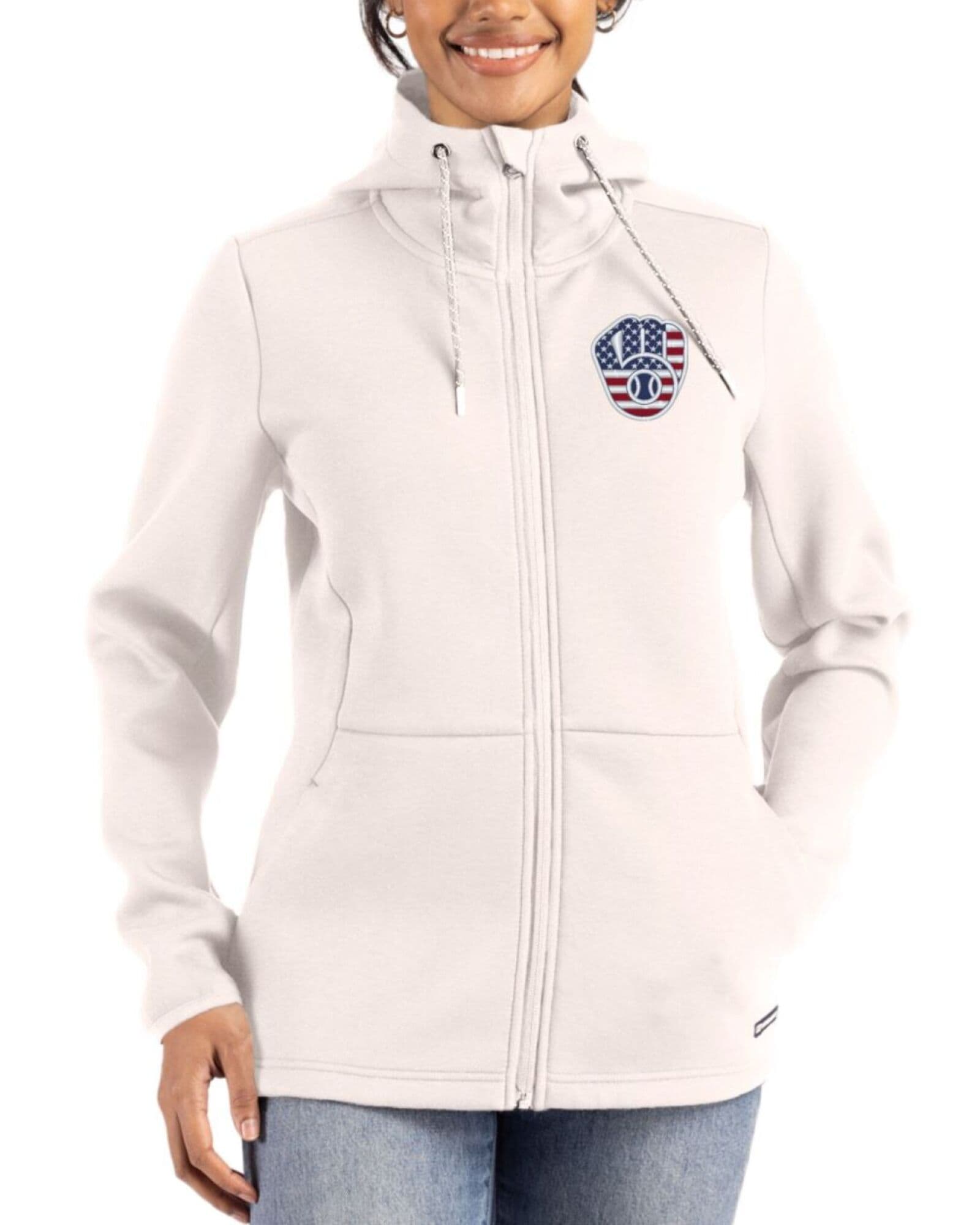 Women's Milwaukee Brewers Cutter & Buck Stars And Stripes Shell Roam Buttery-Soft Knit Full Zip Hooded Jacket