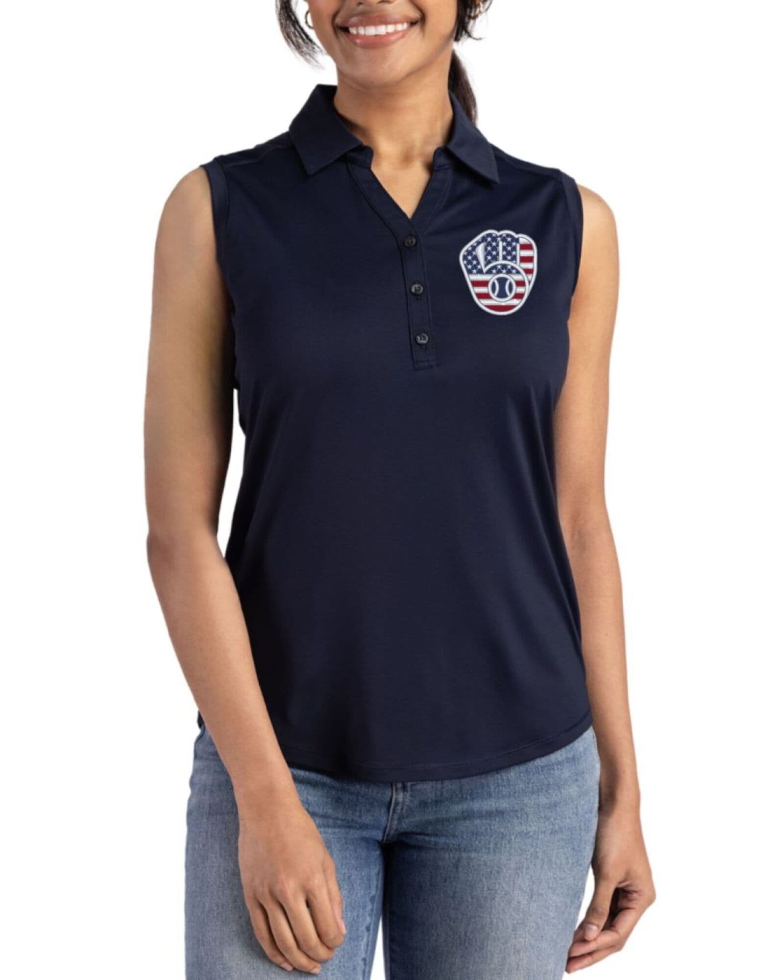 Women's Milwaukee Brewers Cutter & Buck Stars And Stripes Navy Blue Forge Four-Way Stretch Sleeveless Polo