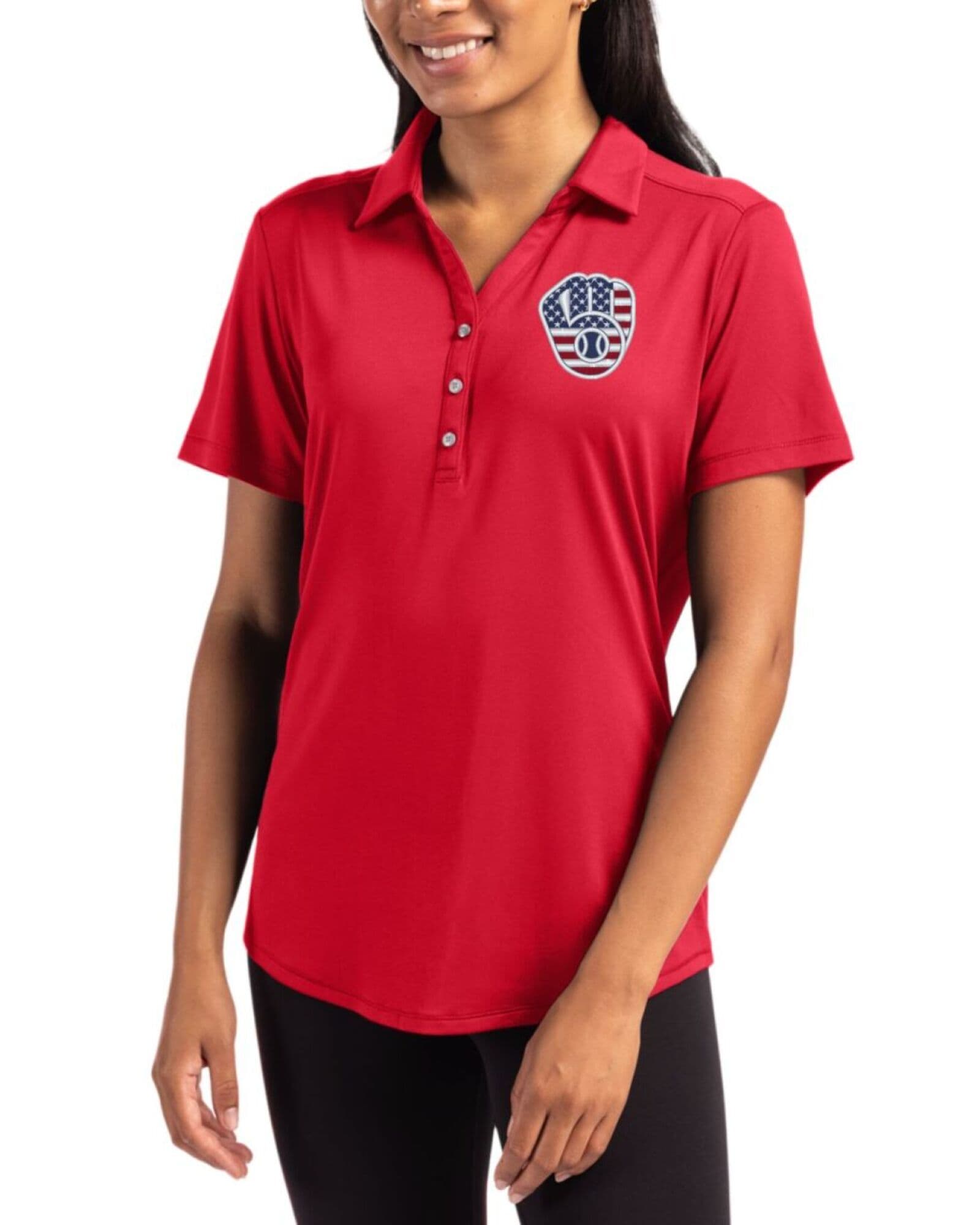 Women's Milwaukee Brewers Cutter & Buck Stars And Stripes Cardinal Red Forge Four-Way Stretch Polo