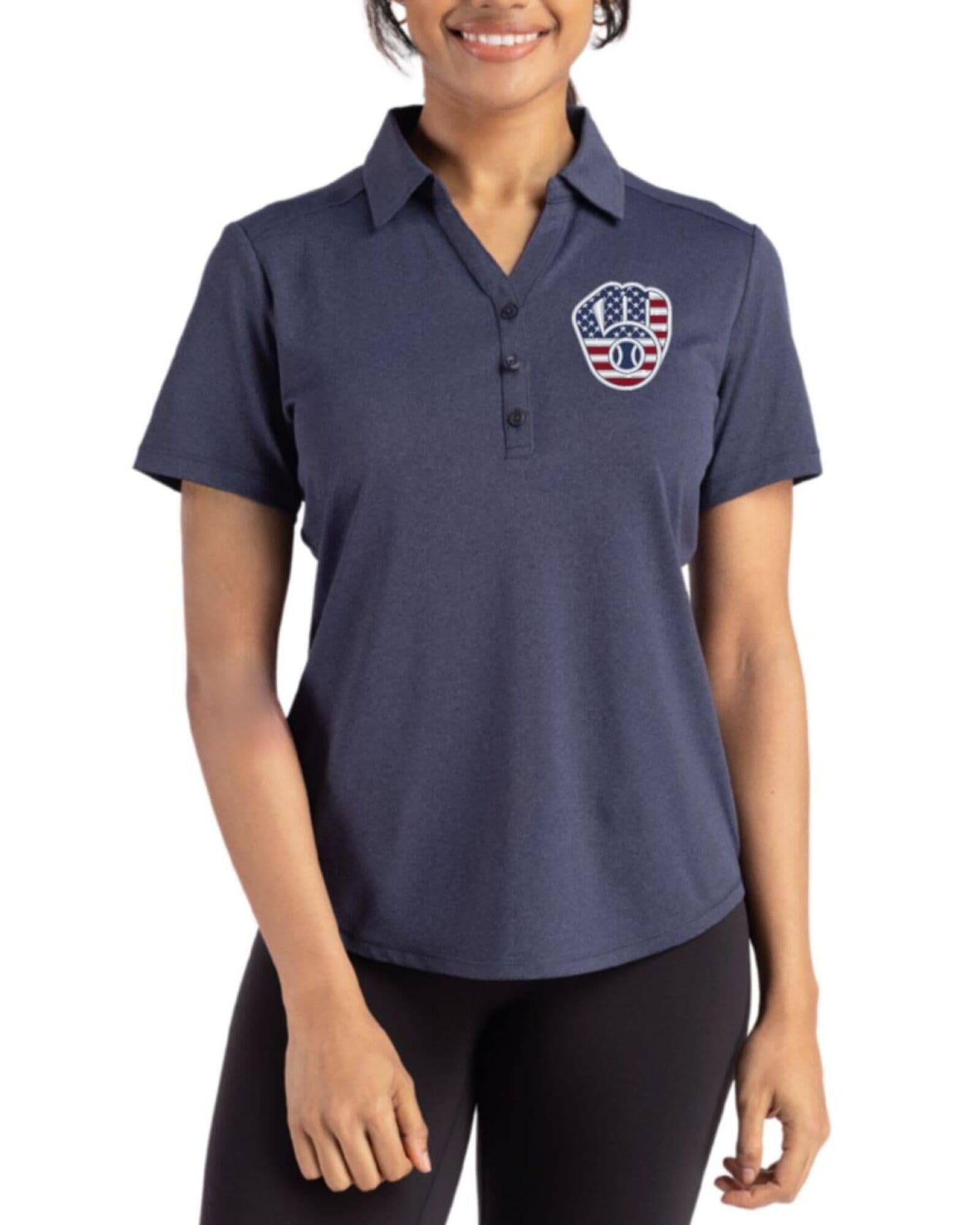 Women's Milwaukee Brewers Cutter & Buck Stars And Stripes Dark Navy Blue Heather Forge Four-Way Stretch Polo