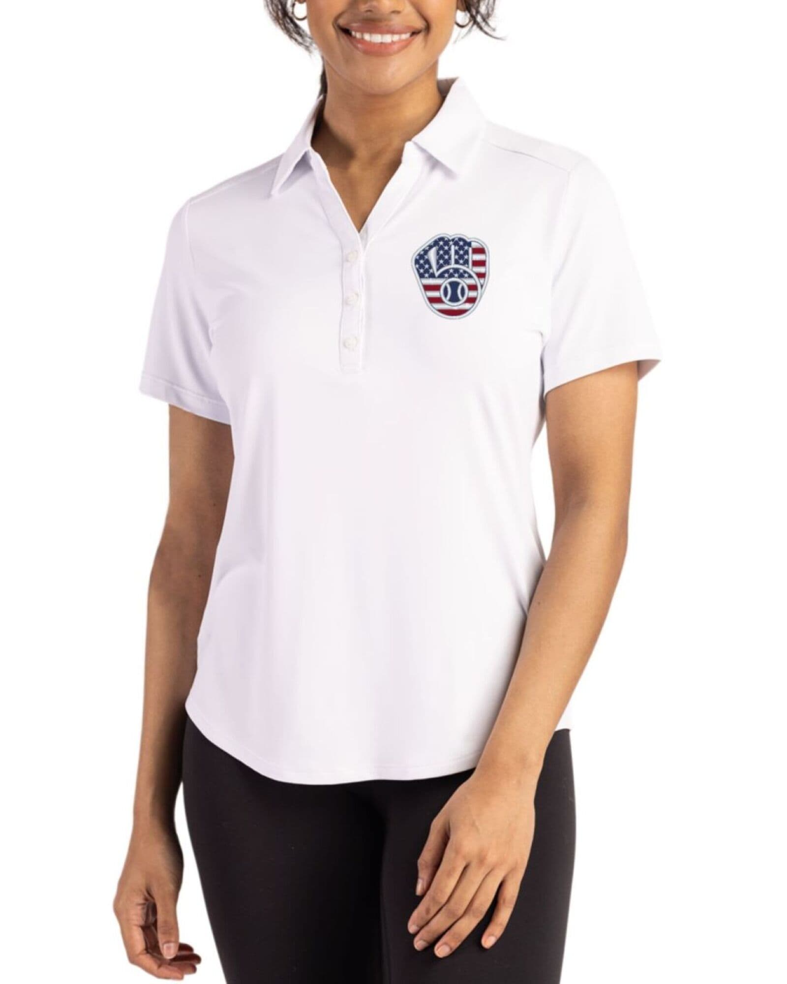 Women's Milwaukee Brewers Cutter & Buck Stars And Stripes White Forge Four-Way Stretch Polo