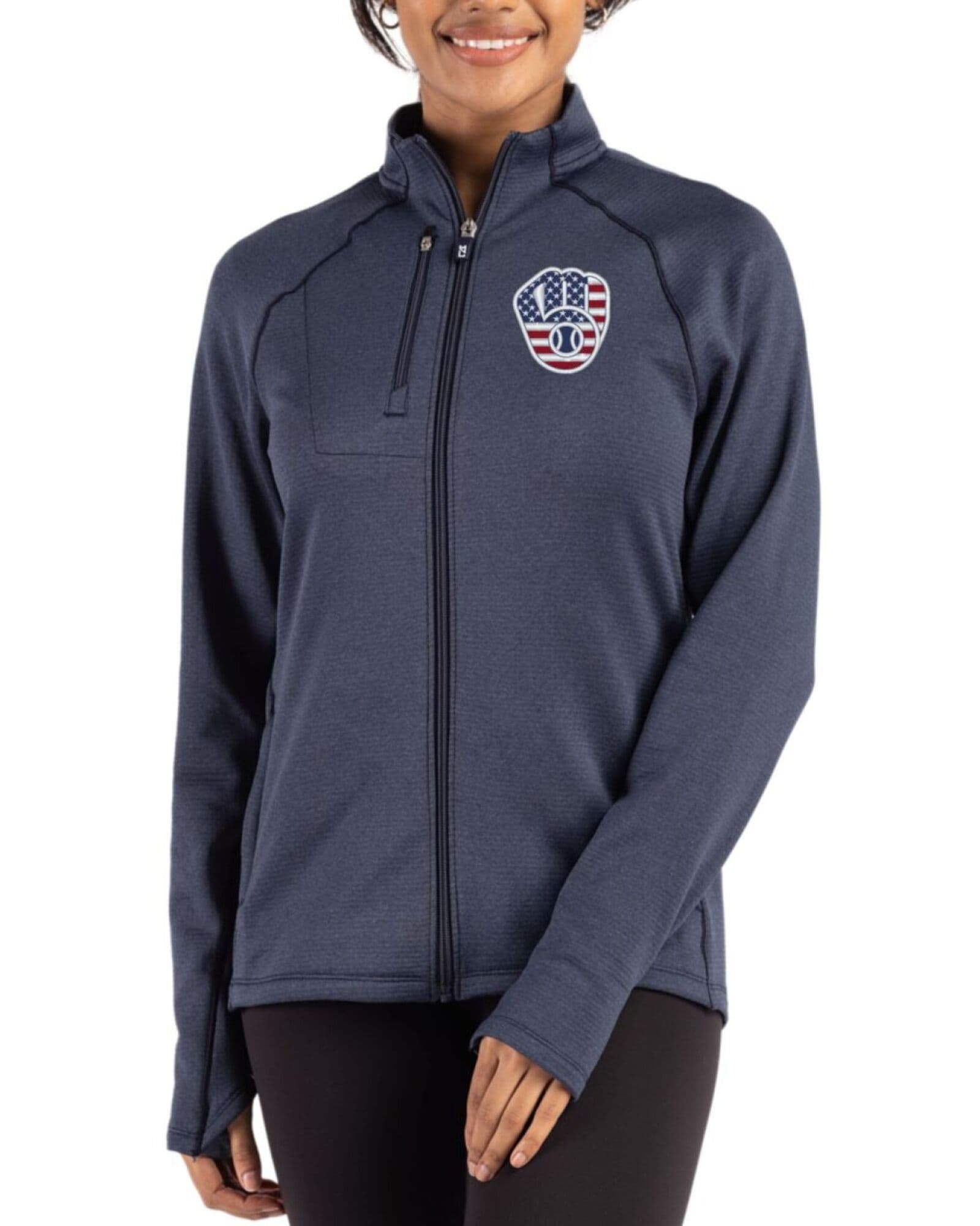 Women's Milwaukee Brewers Cutter & Buck Stars And Stripes Navy Blue Heather Peshastin Grid Fleece Full Zip Jacket