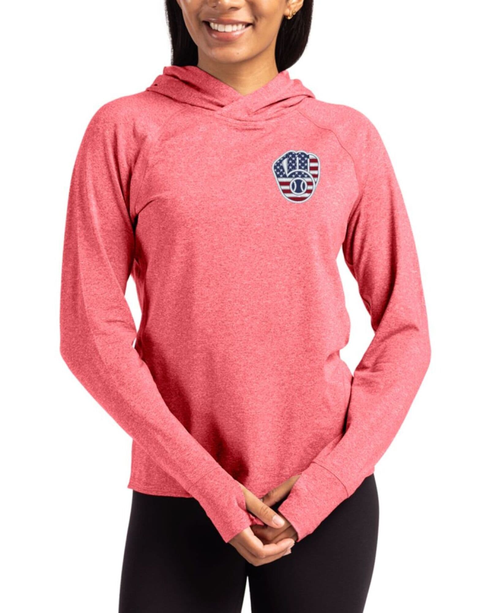 Women's Milwaukee Brewers Cutter & Buck Stars And Stripes Cardinal Red Heather Adapt Soft Knit Stretch Hooded Pullover