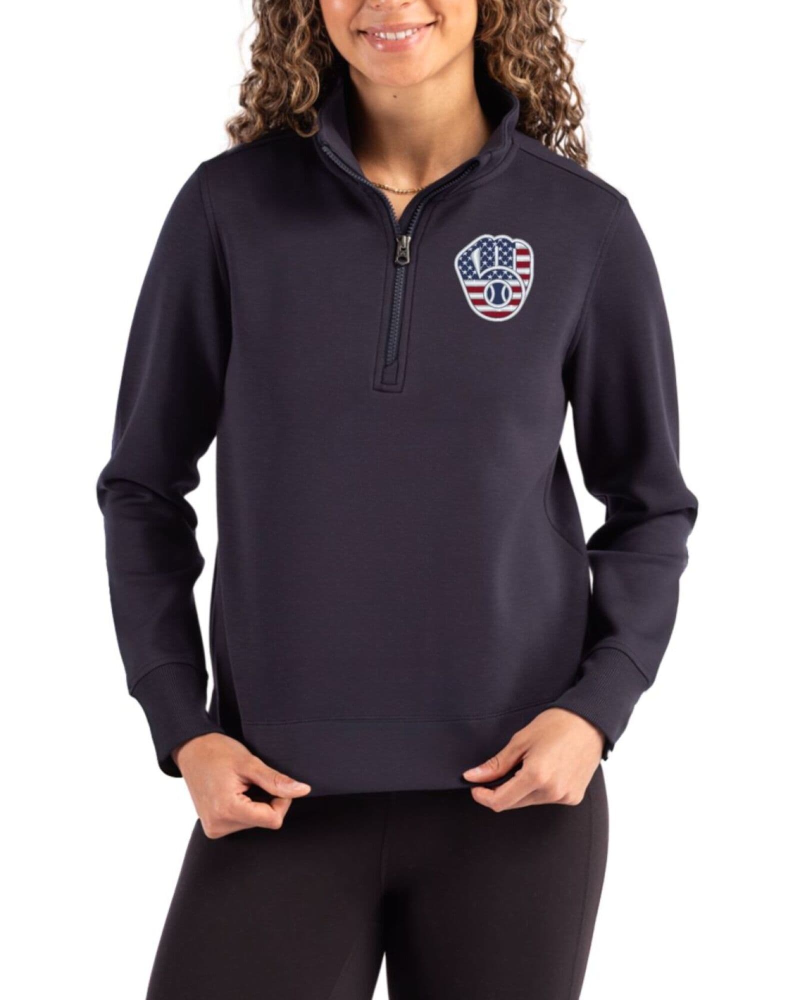 Women's Milwaukee Brewers Cutter & Buck Stars And Stripes Navy Blue Roam Buttery-Soft Knit Quarter Zip Pullover