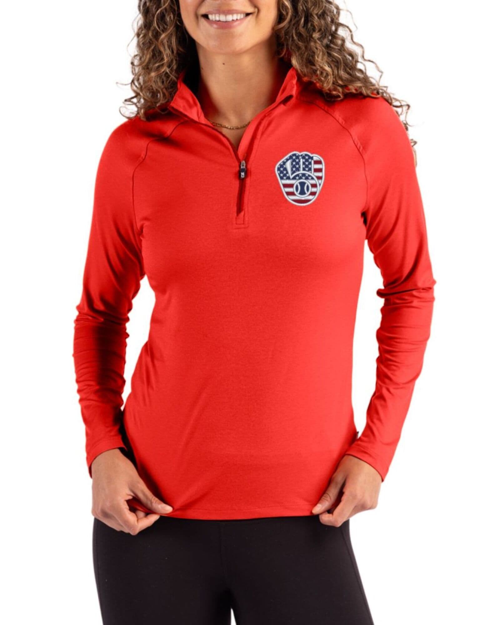 Women's Milwaukee Brewers Cutter & Buck Stars And Stripes Red Coastline Double Peached Quarter Zip Pullover
