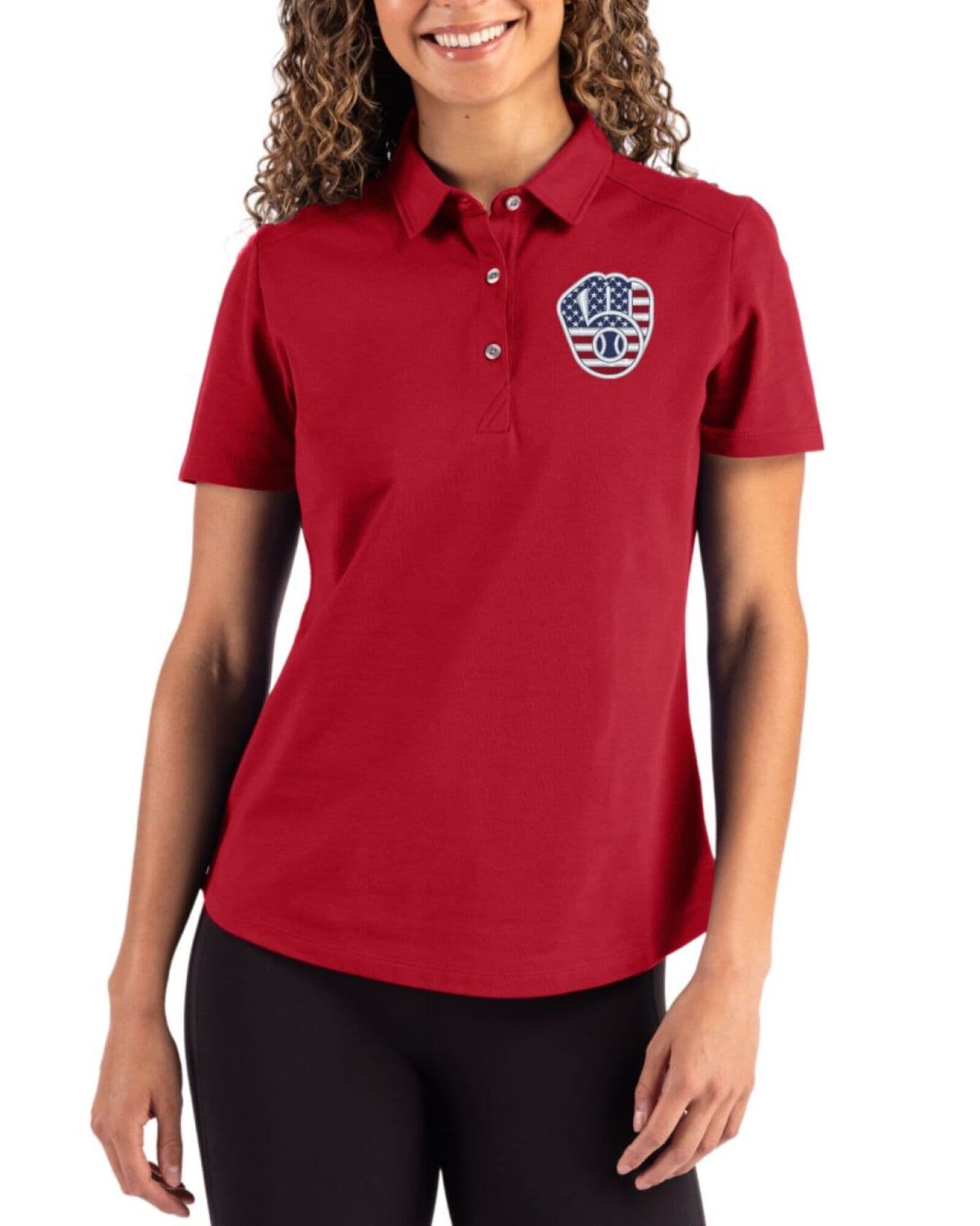 Women's Milwaukee Brewers Cutter & Buck Stars And Stripes Cardinal Red Advantage Refresh Cotton-Blend Pique Polo