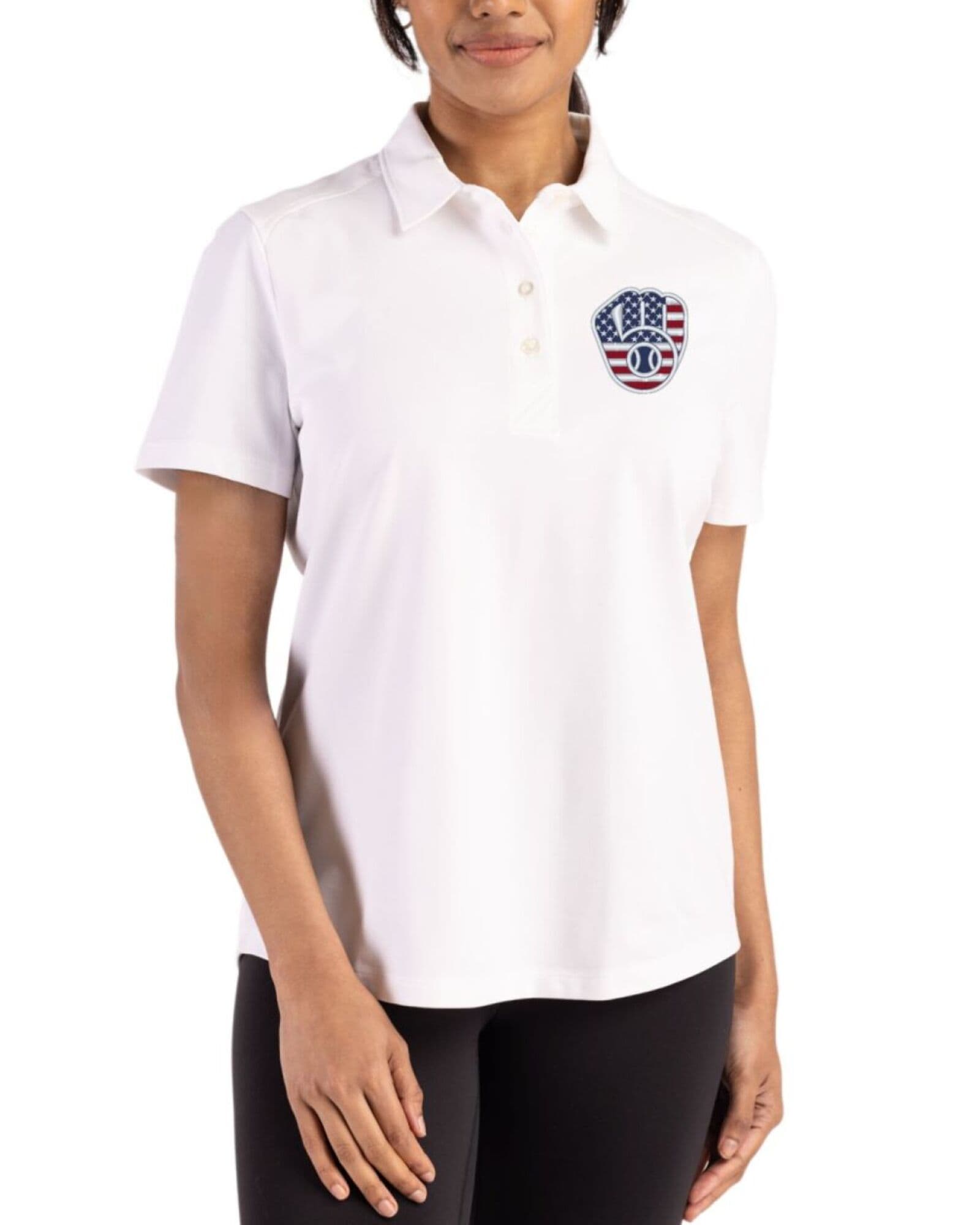 Women's Milwaukee Brewers Cutter & Buck Stars And Stripes White Advantage Refresh Cotton-Blend Pique Polo